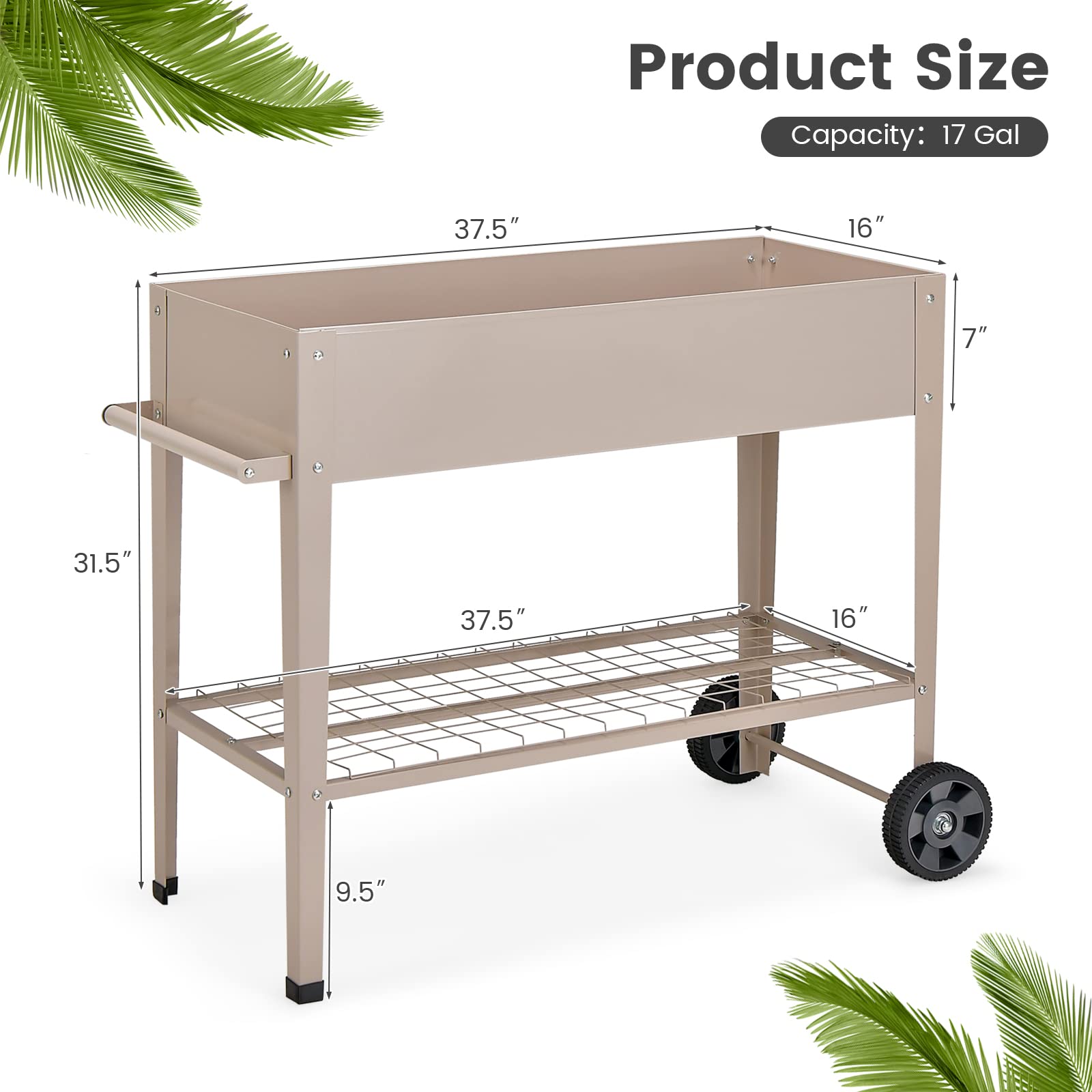 Giantex Raised Garden Bed with Legs, Metal Planter Box with Wheels, Storage Shelf (Light Brown) 