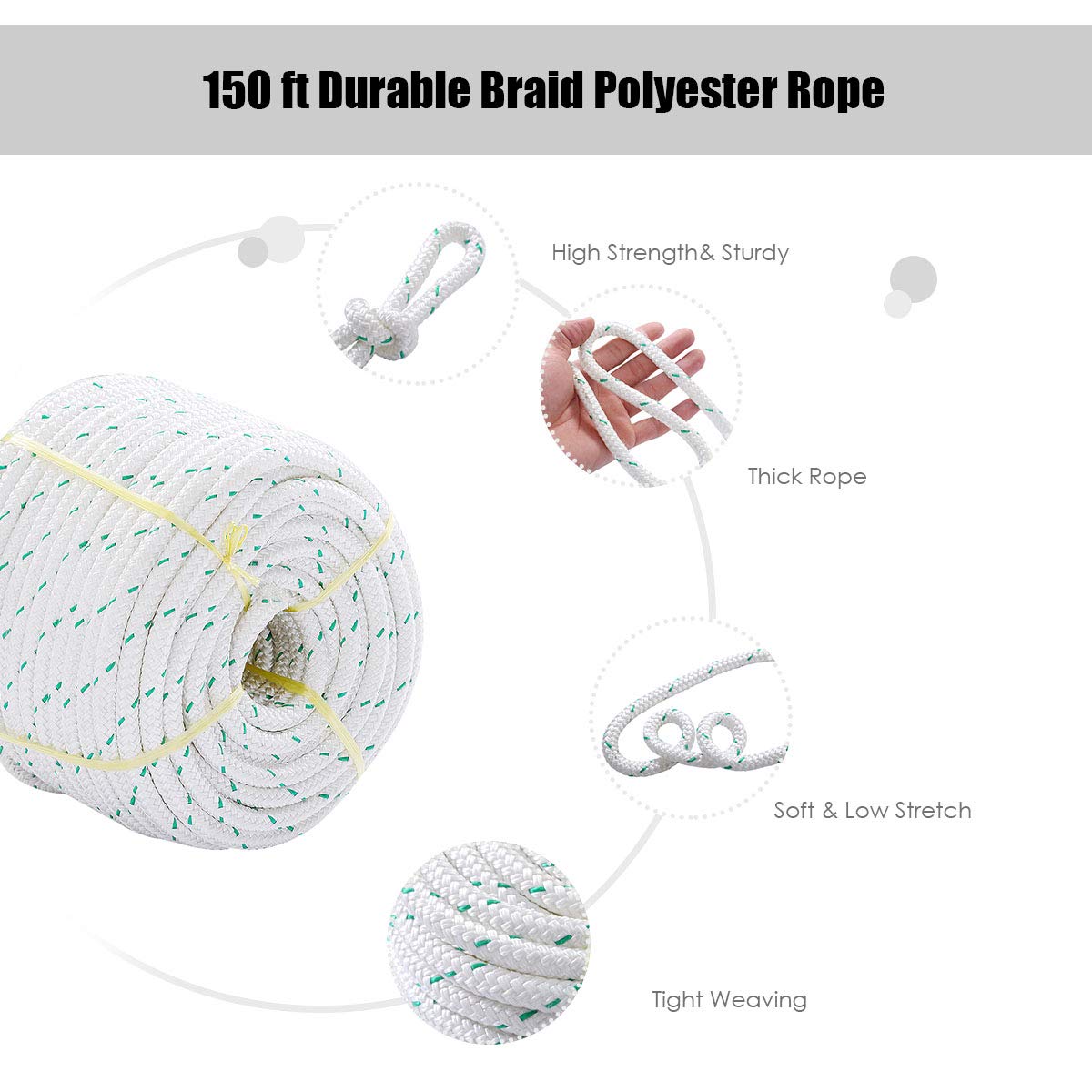 Giantex 3/7" Durable Braid Polyester Rope, White 