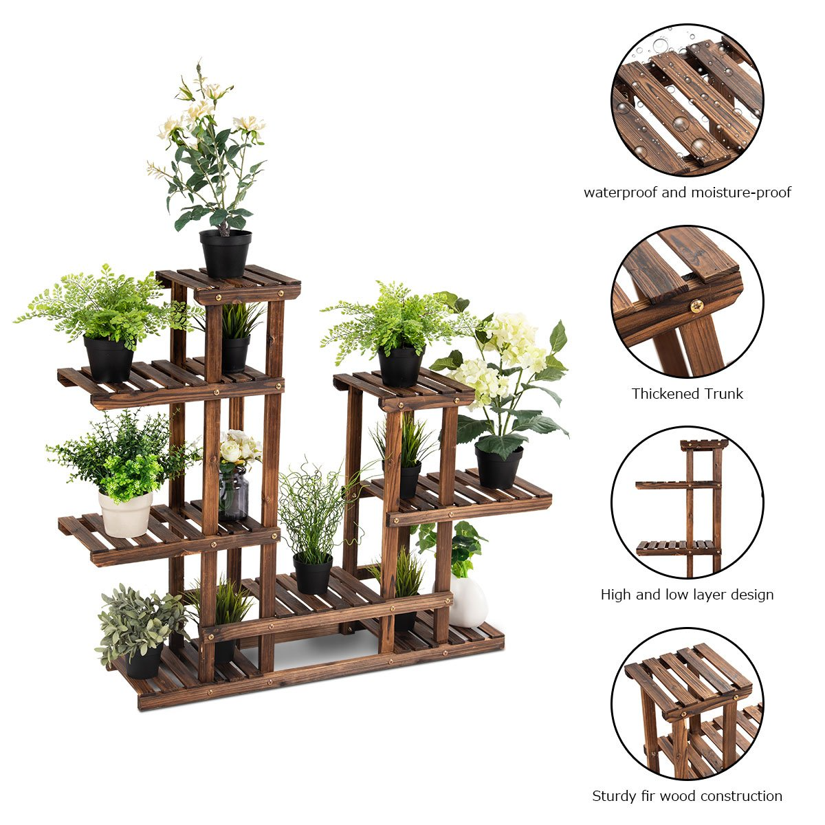 Giantex Flower Rack Wood Plant Stand 7 Wood Shelves 13 Pots 