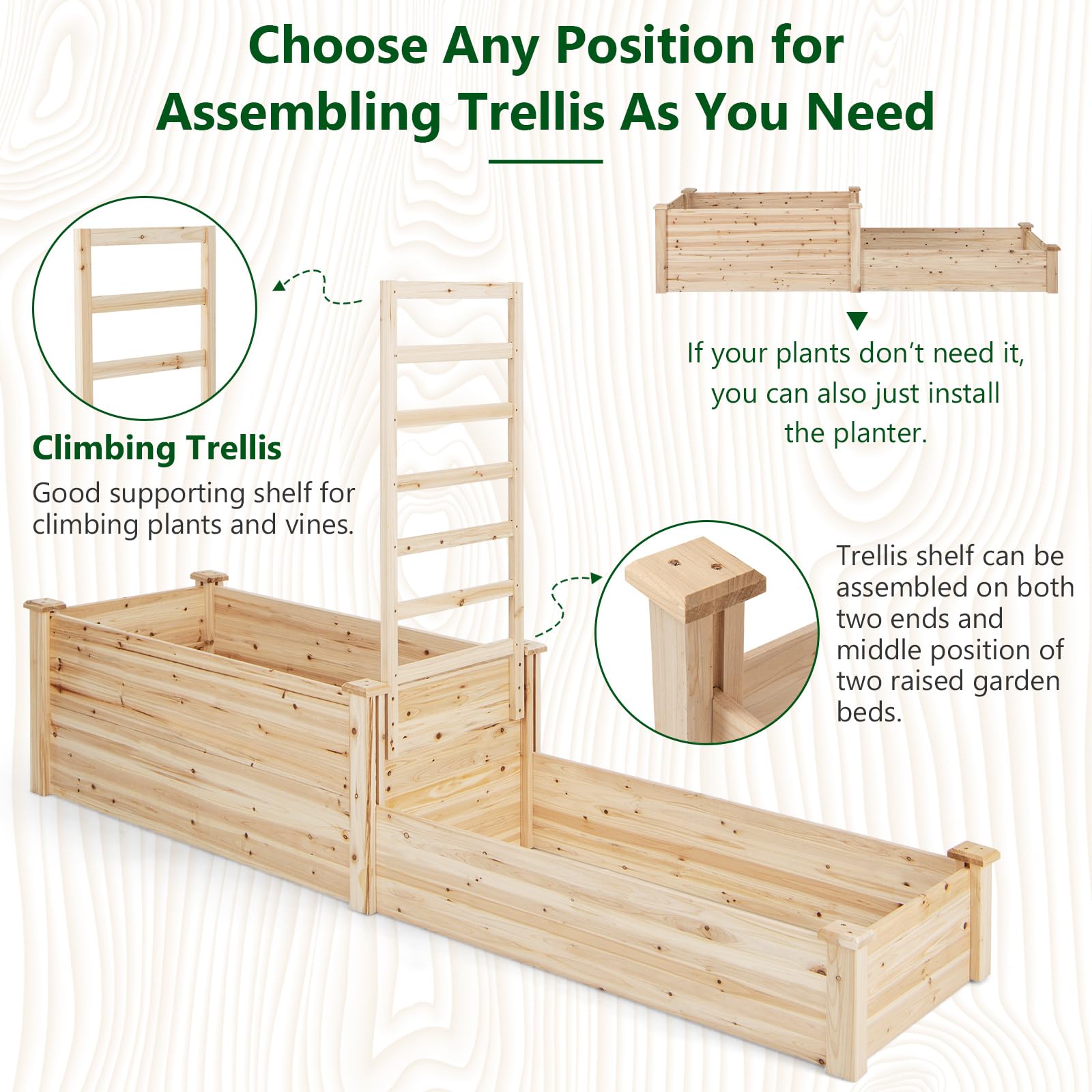 Giantex Raised Garden Bed with Trellis, Set of 2 Wood Shallow & Deep Planter Box for Climbing Plants 