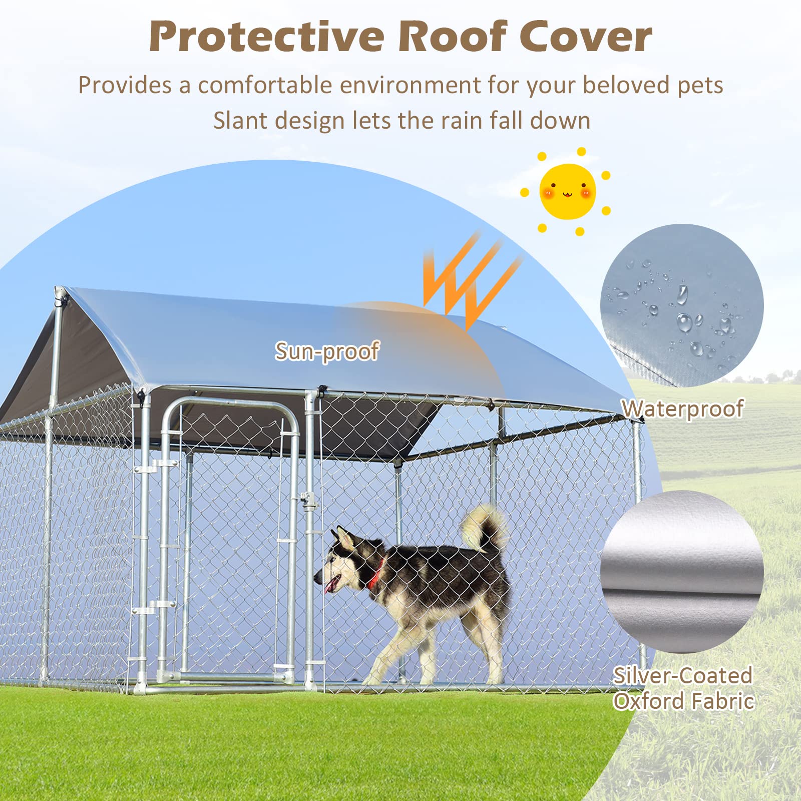 Giantex Outdoor Dog Kennel with Roof, 7.5ft Dog Fence with Door and Waterproof Cover 