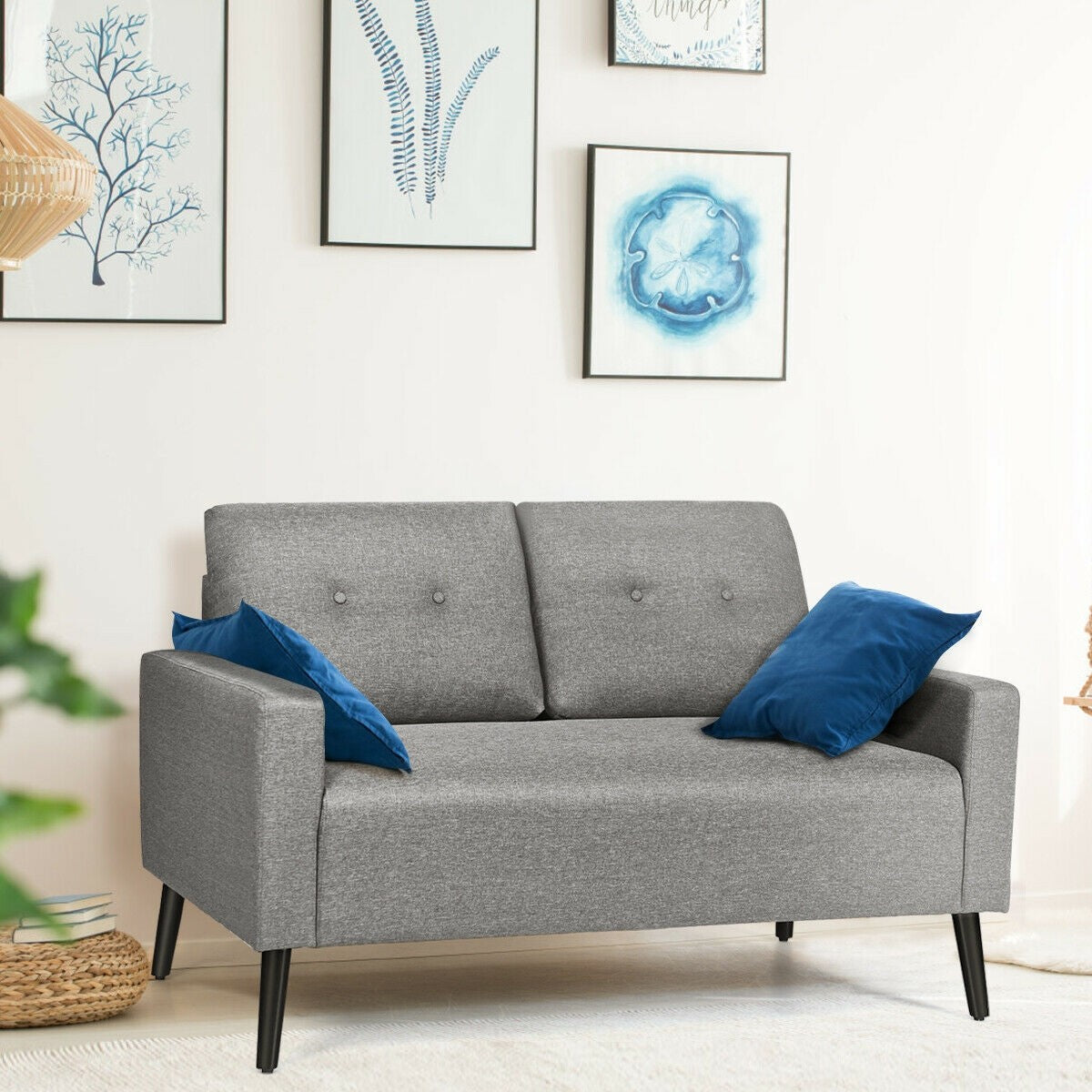 Giantex Modern Loveseat Sofa, 55" Upholstered Sofa Couch w/ Soft Cushion, Rubber Wooden Legs (Gray) 