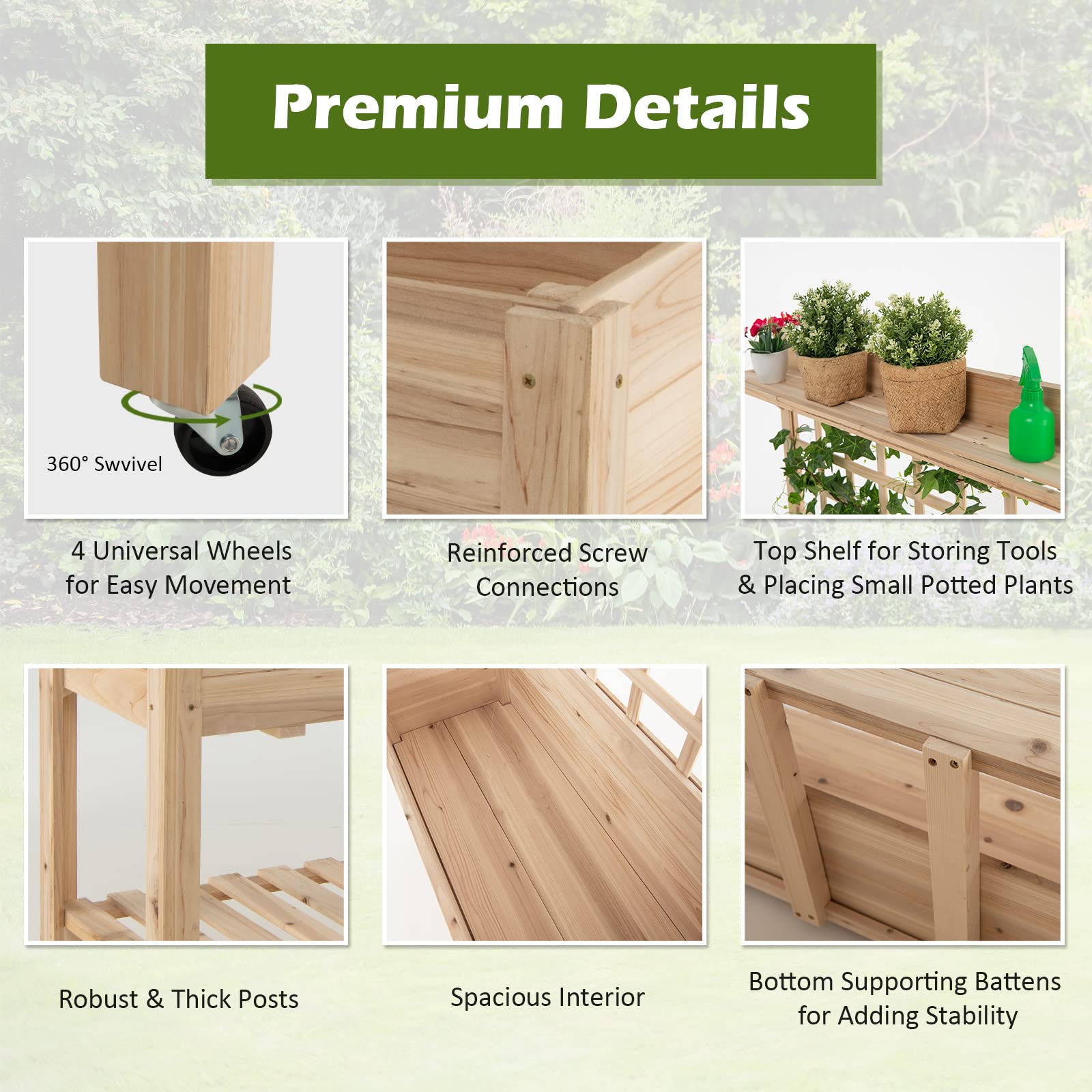Giantex Raised Garden Bed on Wheels, Wood Planter with Trellis, Black Liner Storage Shelf 