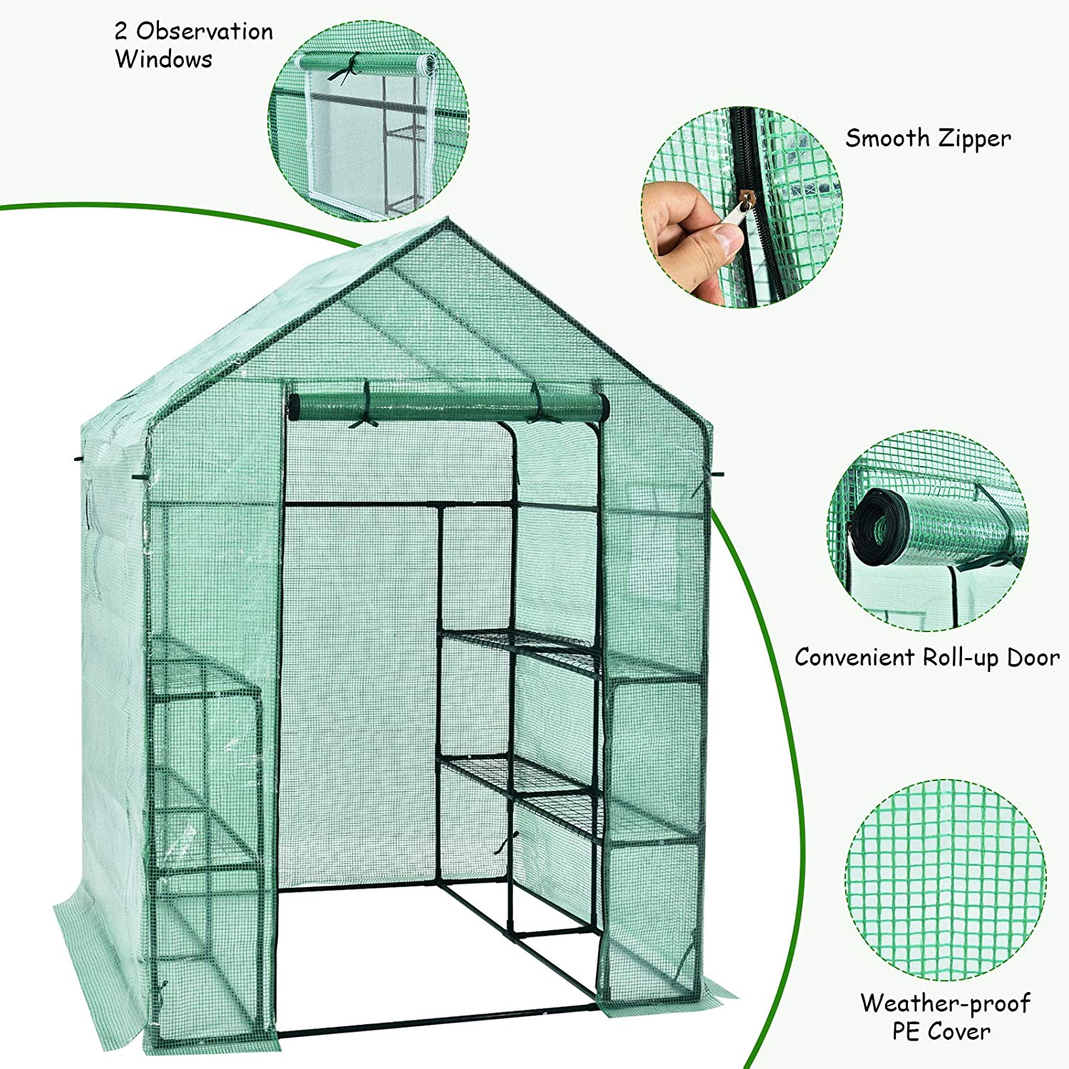 Walk-in Greenhouse, Gardening Plant Tent with Roll-Up Zippered Front Door