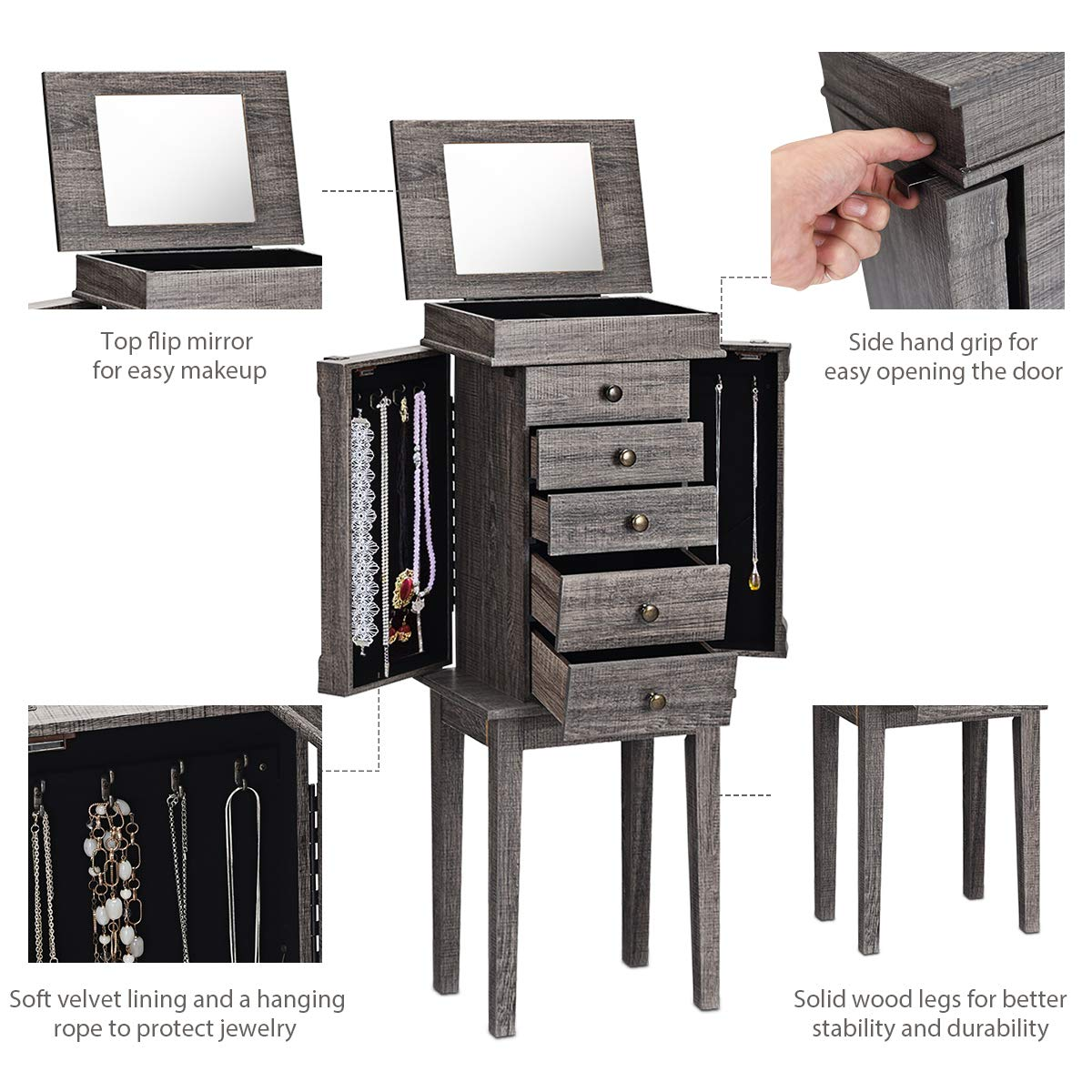 CHARMAID Jewelry Cabinet Armoire with 5 Drawers 