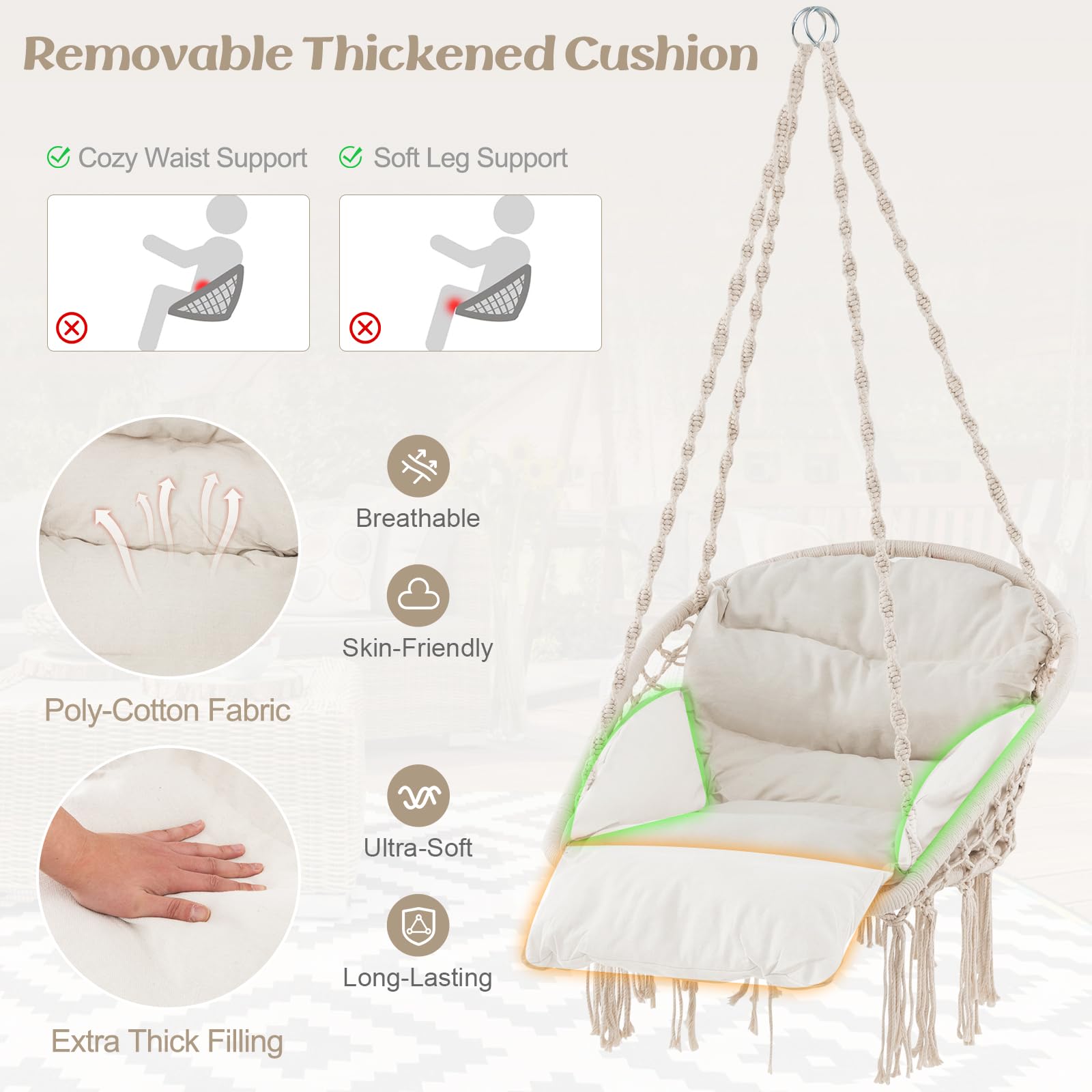 Giantex Hanging Chair Outdoor, Hammock Chair with Thick Cushion & Macrame 