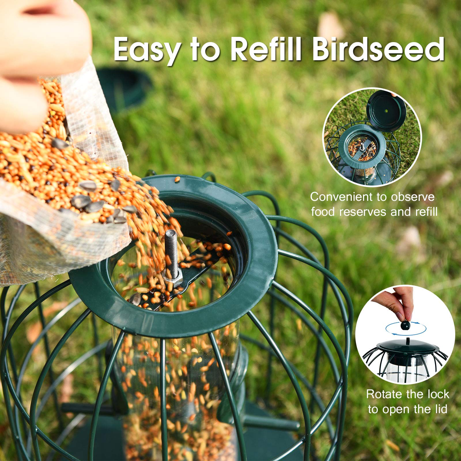 Giantex Metal Hanging Bird Feeder, Outdoor Squirrel-Proof Bird Feeder Cage with 4 Feeding Ports, Transparent PC Tube 