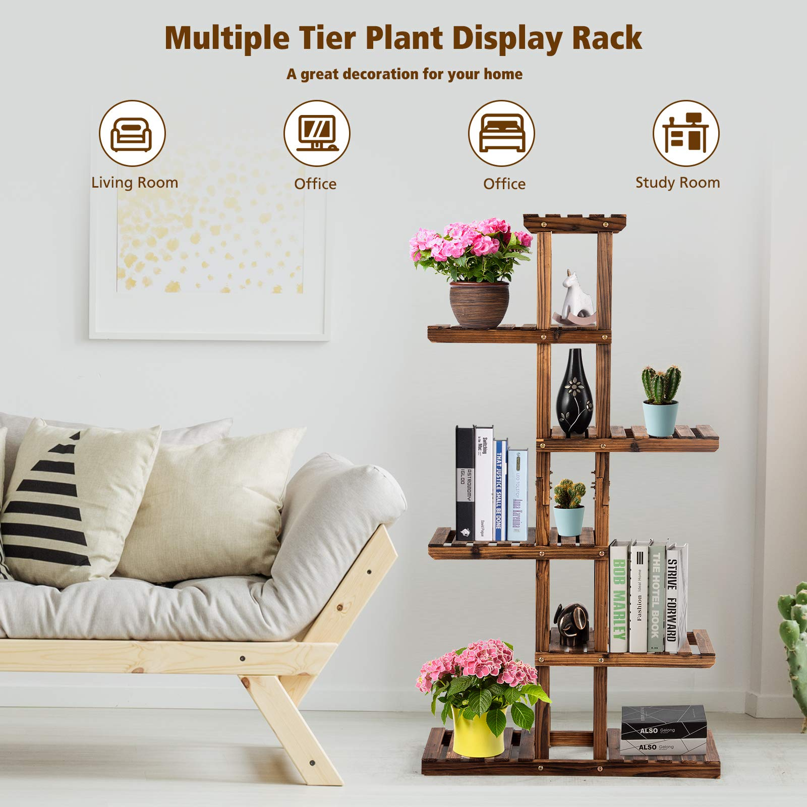Giantex Flower Rack Wood Plant Stand 7 Wood Shelves 11 Pots 