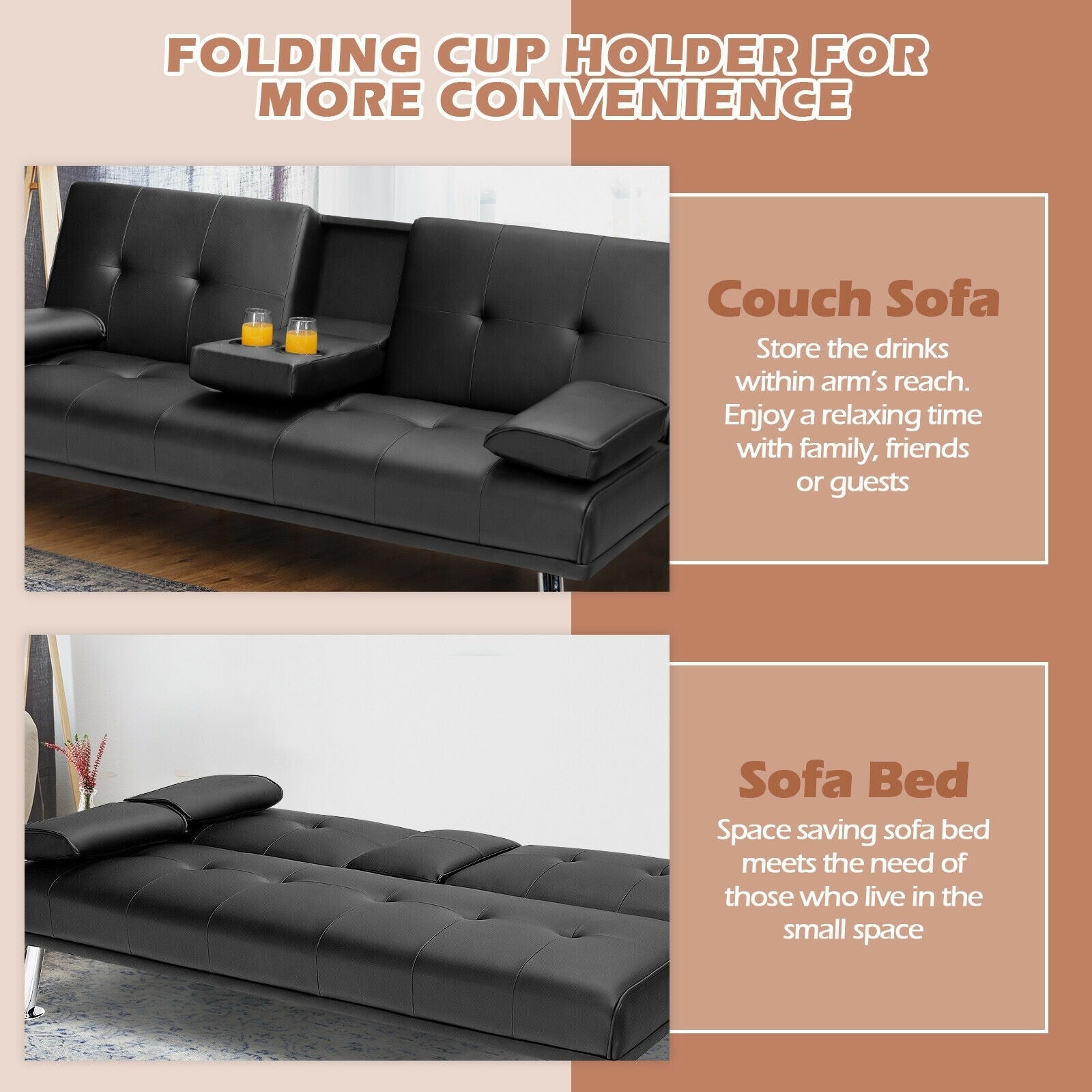 Giantex Modern Convertible Futon Sofa Bed,2 Cup Holders, Backrest Adjustable 
