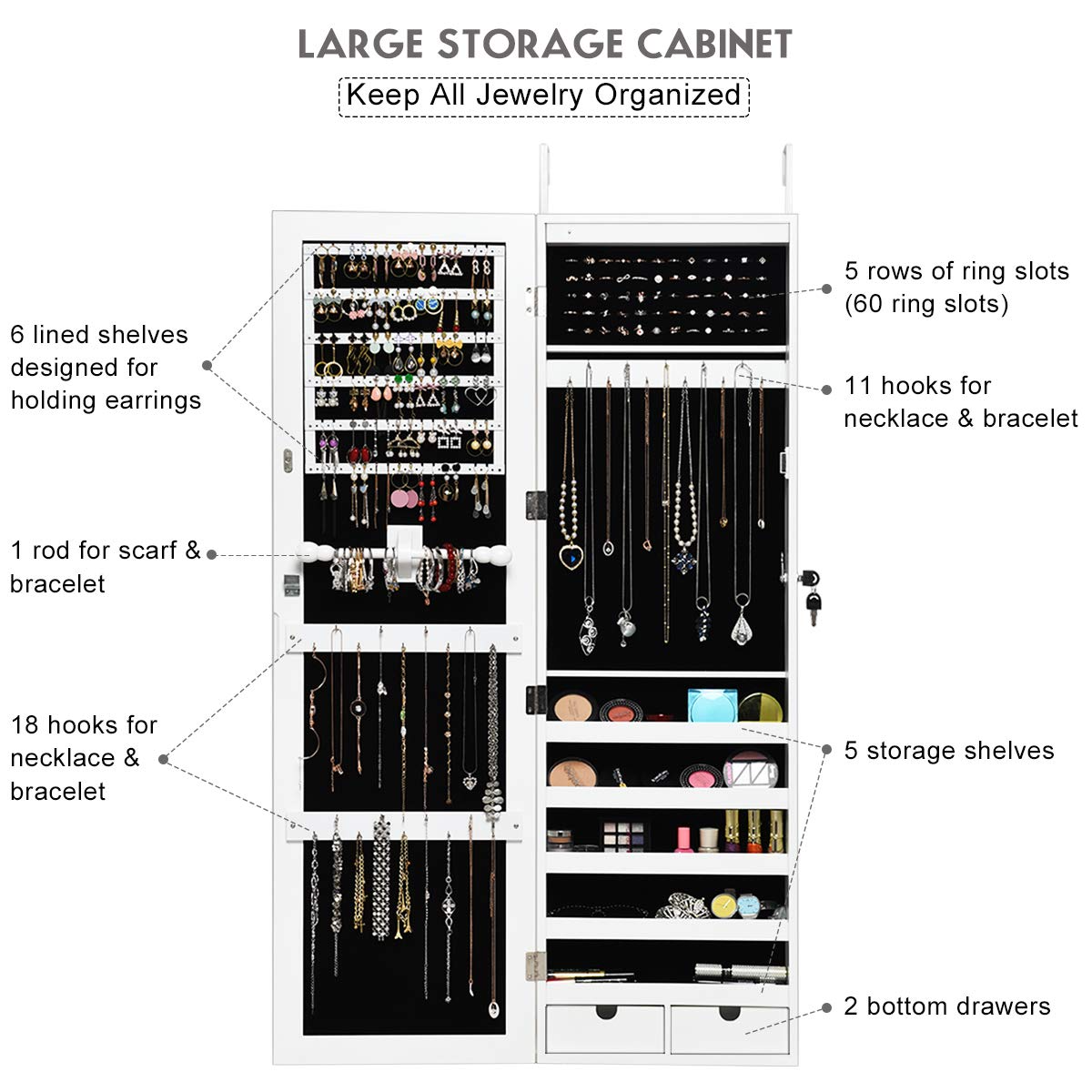 Giantex Wall Door Mount Jewelry Armoire Cabinet with 15 LED Lights, Lockable Hanging Jewelry Cabinet Organizer with Large Storage Capacity