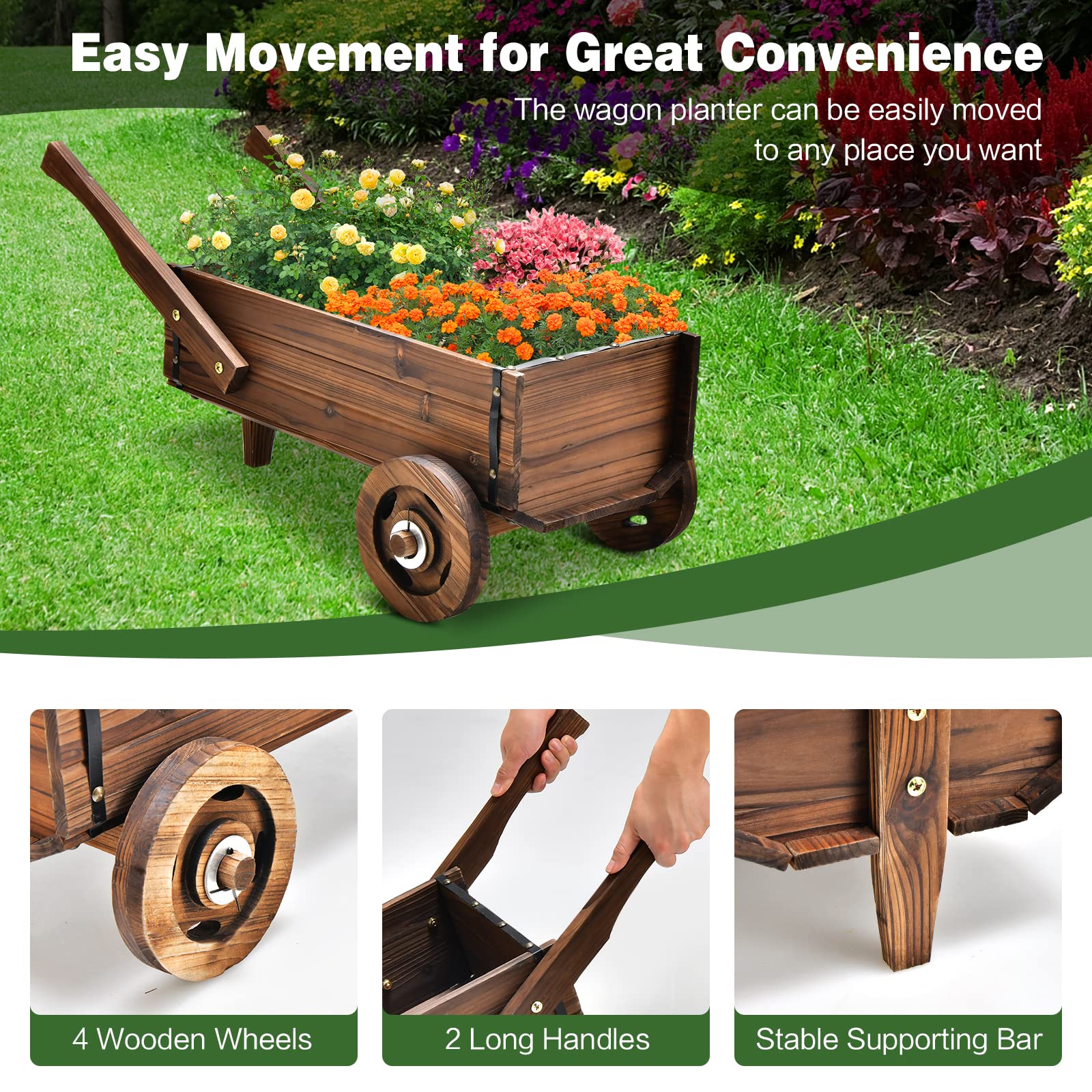 Giantex Wooden Wagon Planter Box, Decorative Wagon Cart with Wheels, Handles 