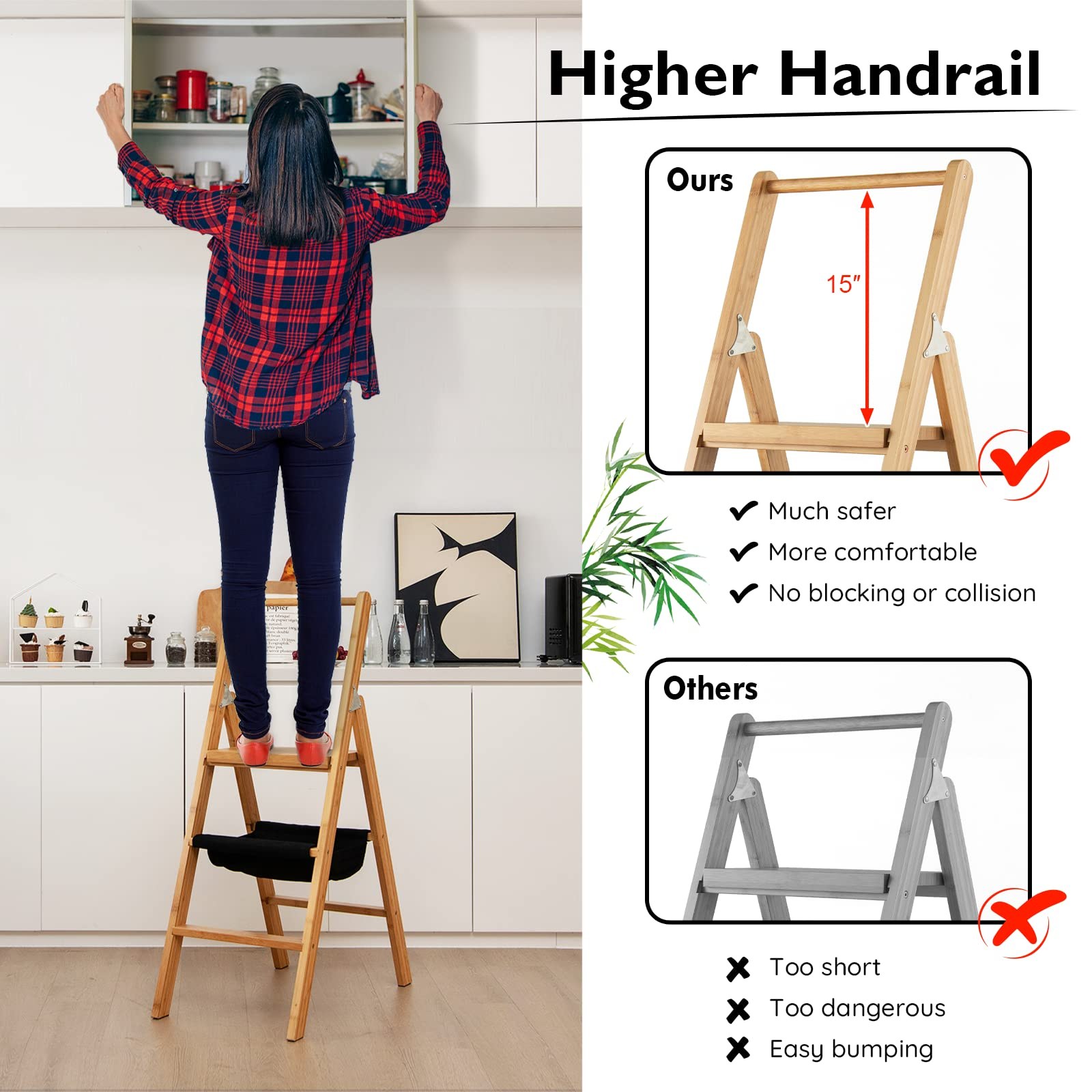 100% Bamboo Folding Step Stool with Handrail | 3 Step Ladder 