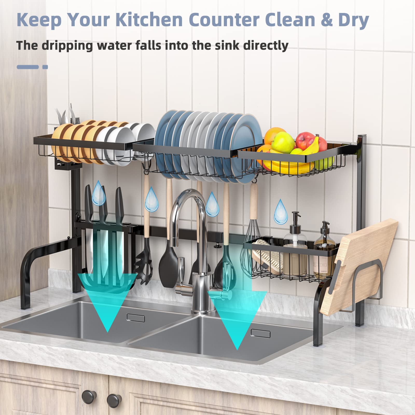 Giantex Over Sink Dish Drying Rack, 2-Tier Dish Drainer with Adjustable Length 21"-39" (Black) 