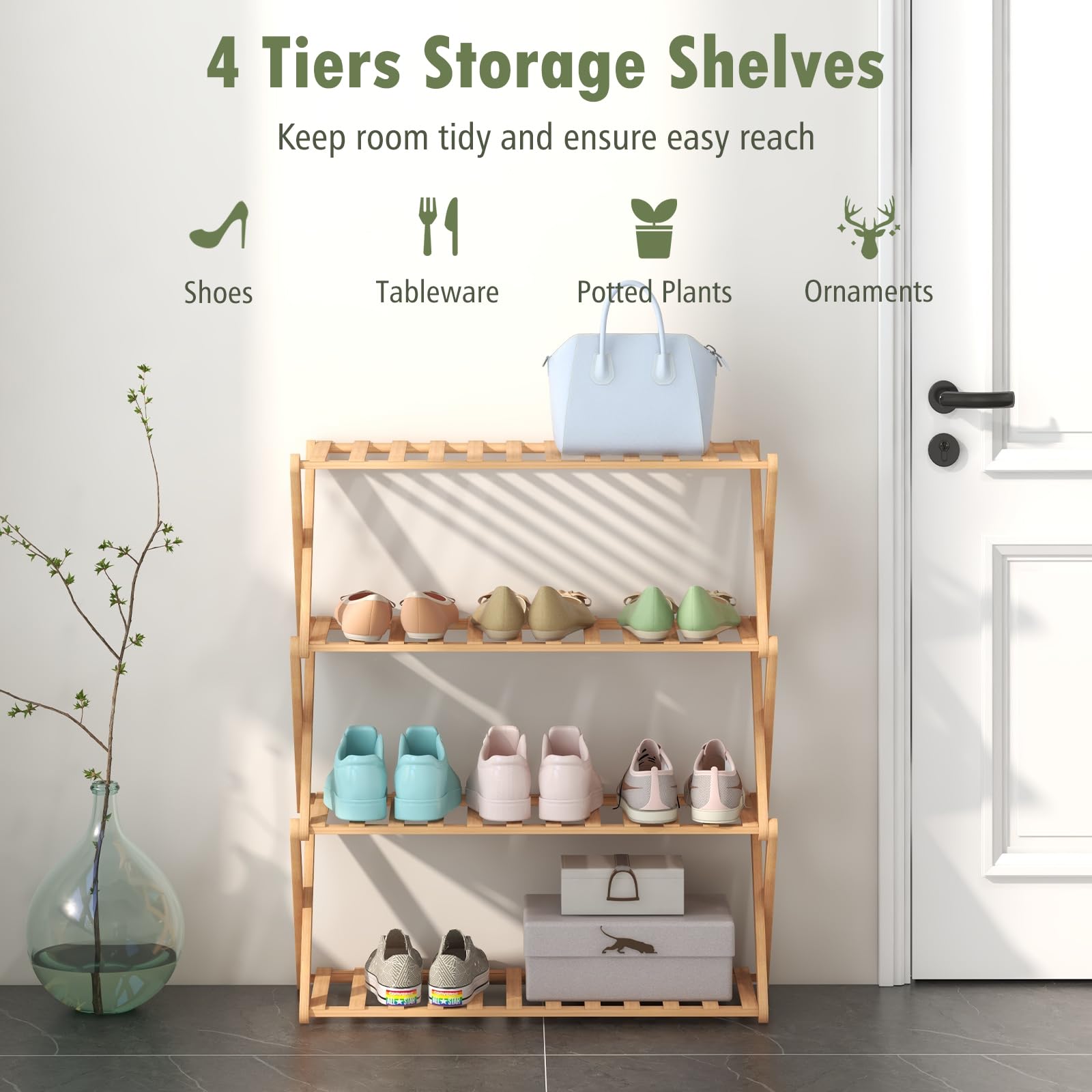 Giantex Bamboo Plant Stand Indoor, 4-Tier Folding Planter Shelf, Foldable Display Rack w/ Slatted Shelves, No Assembly 