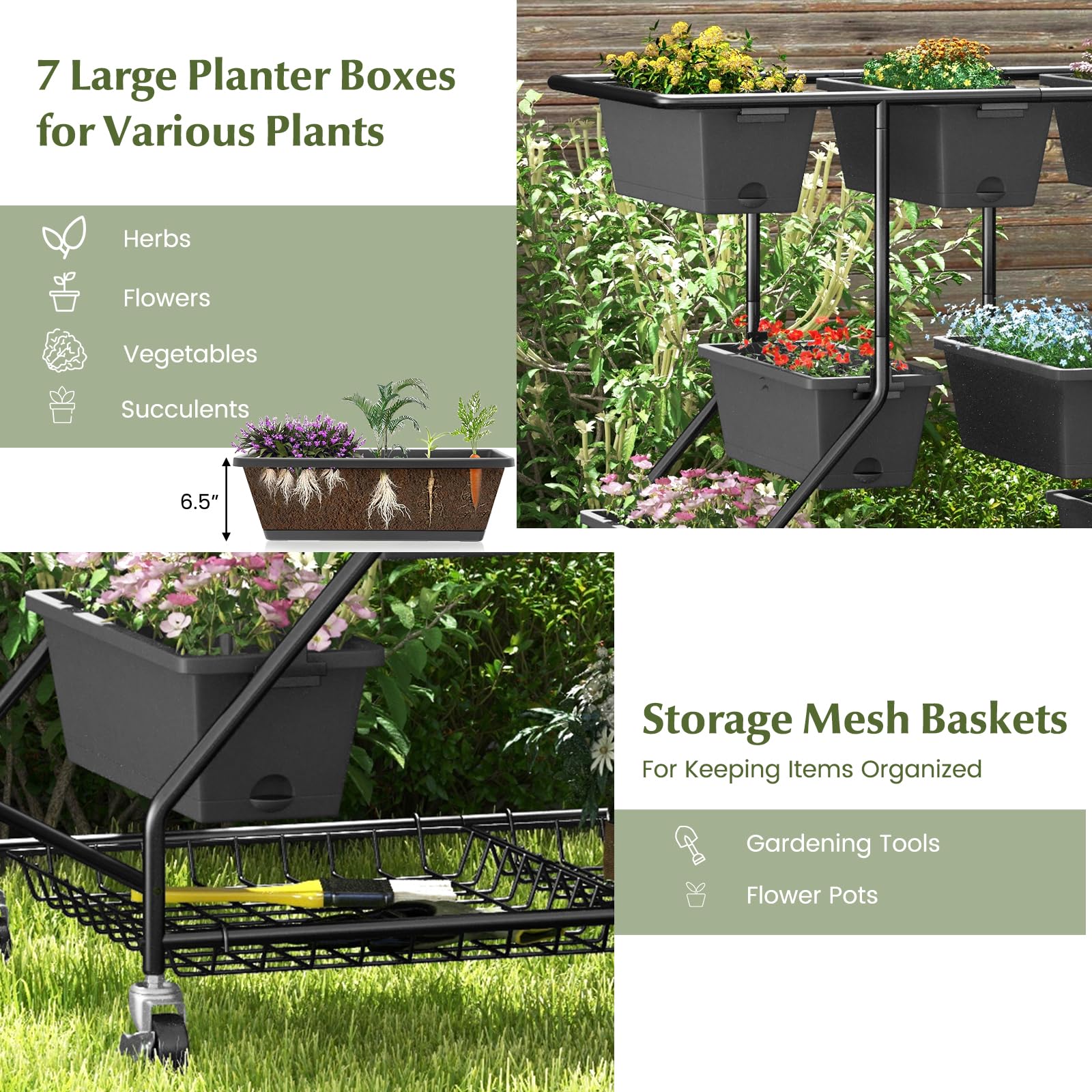Giantex Rolling Raised Garden Bed w/ 7 Planter Boxes, Storage Baskets, Drainage Holes 