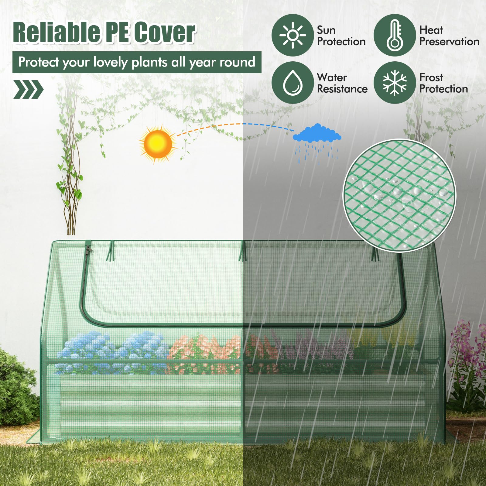 Giantex Galvanized Steel Raised Garden Bed with Mini Greenhouse, Outdoor Metal Planter Box Kit with Large Roll-up Cover 