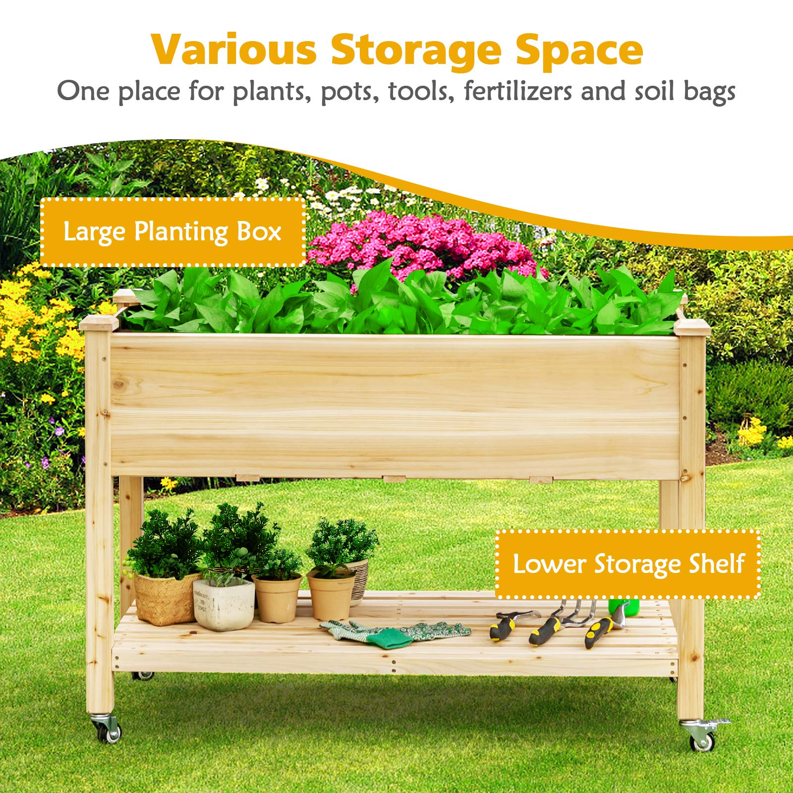 Raised Garden Bed on Wheels, 47.5" L X 23.5" W X 33" H 