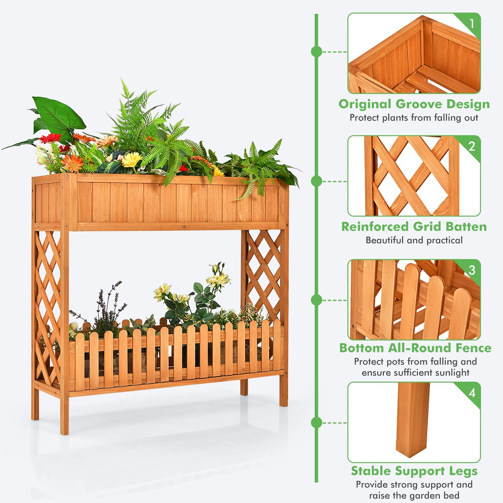 2-Tier Wood Potted Plant Rack with Fence 