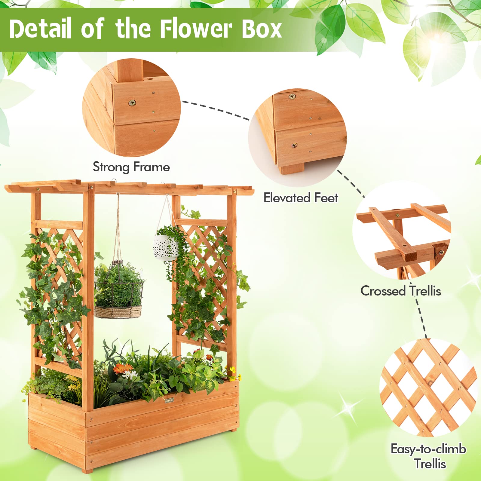 Giantex Raised Garden Bed with Trellis, Wood Planter Box with Roof & Side Trellis, Drain Holes 