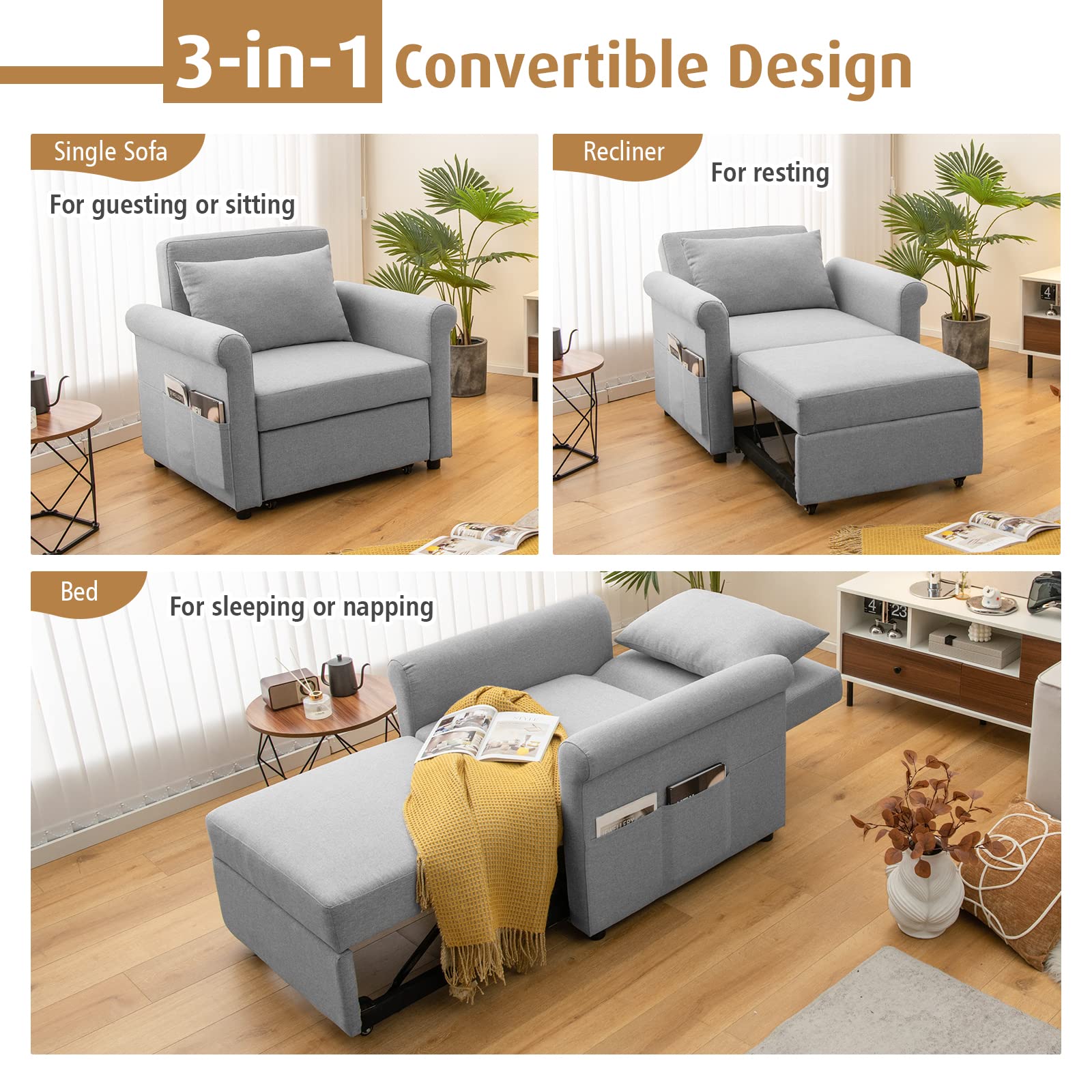 Giantex Convertible Sofa Sleeper - 3-in-1 Pull-Out Chair Bed, Adjustable Recliner Backrest 