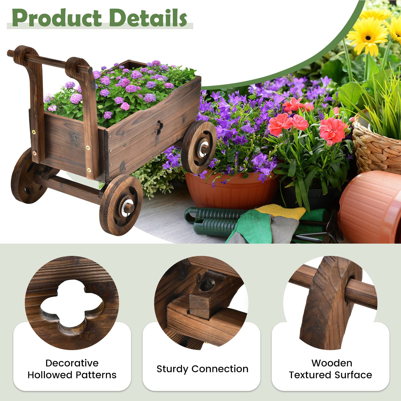 Giantex Wooden Wagon Planter Raised Bed on Wheels, Handle, Drainage Hole 