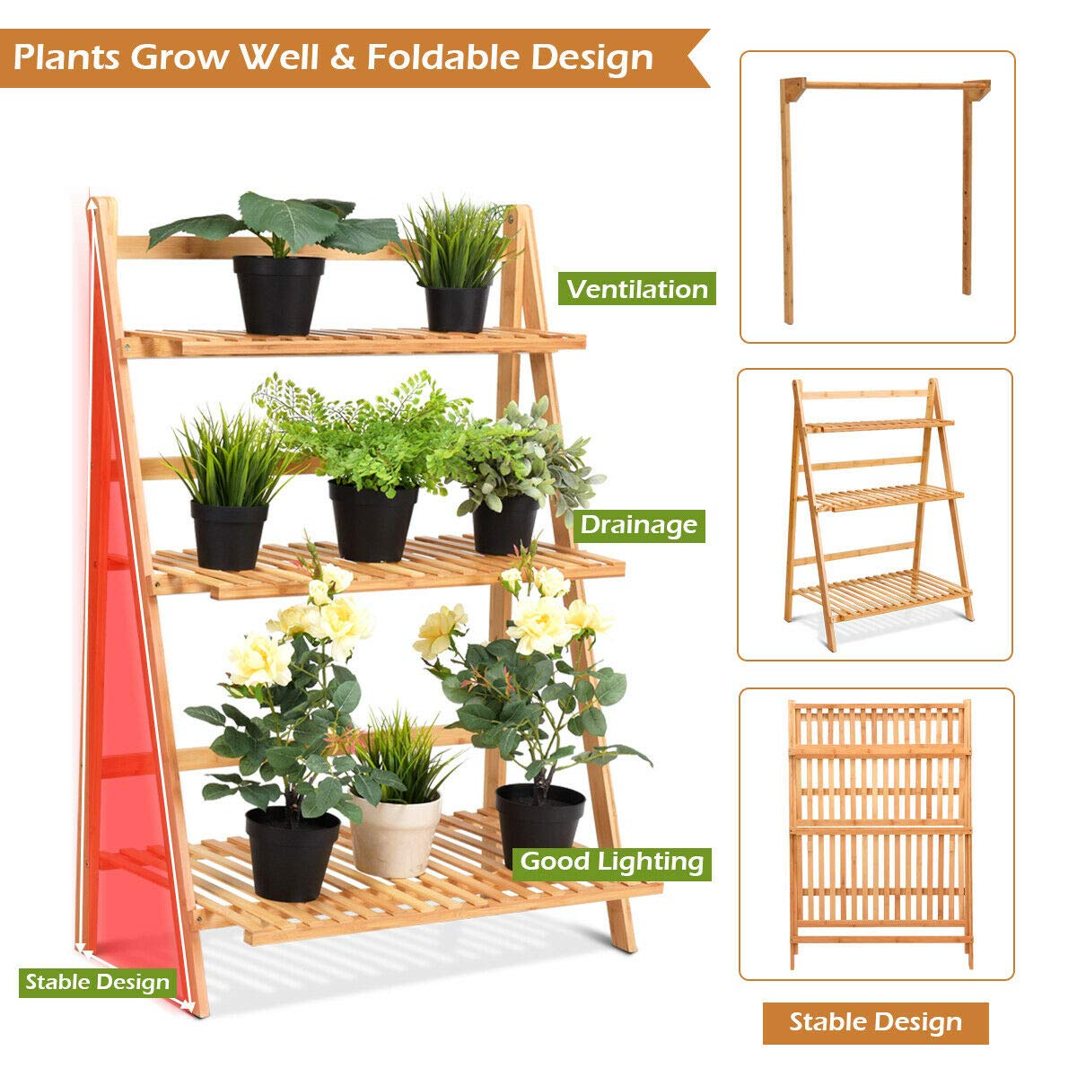 Giantex 3-Tier Hanging Plant Stand Storage Shelf, Folding Flower Pot Organizer Display Storage Rack 
