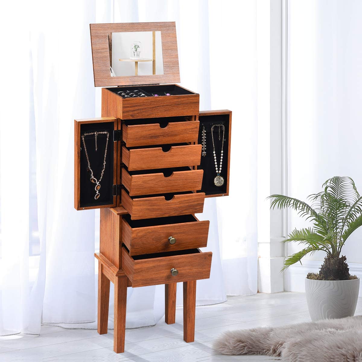 Large Top Storage Compartments Jewelry Cabinet (Honey)