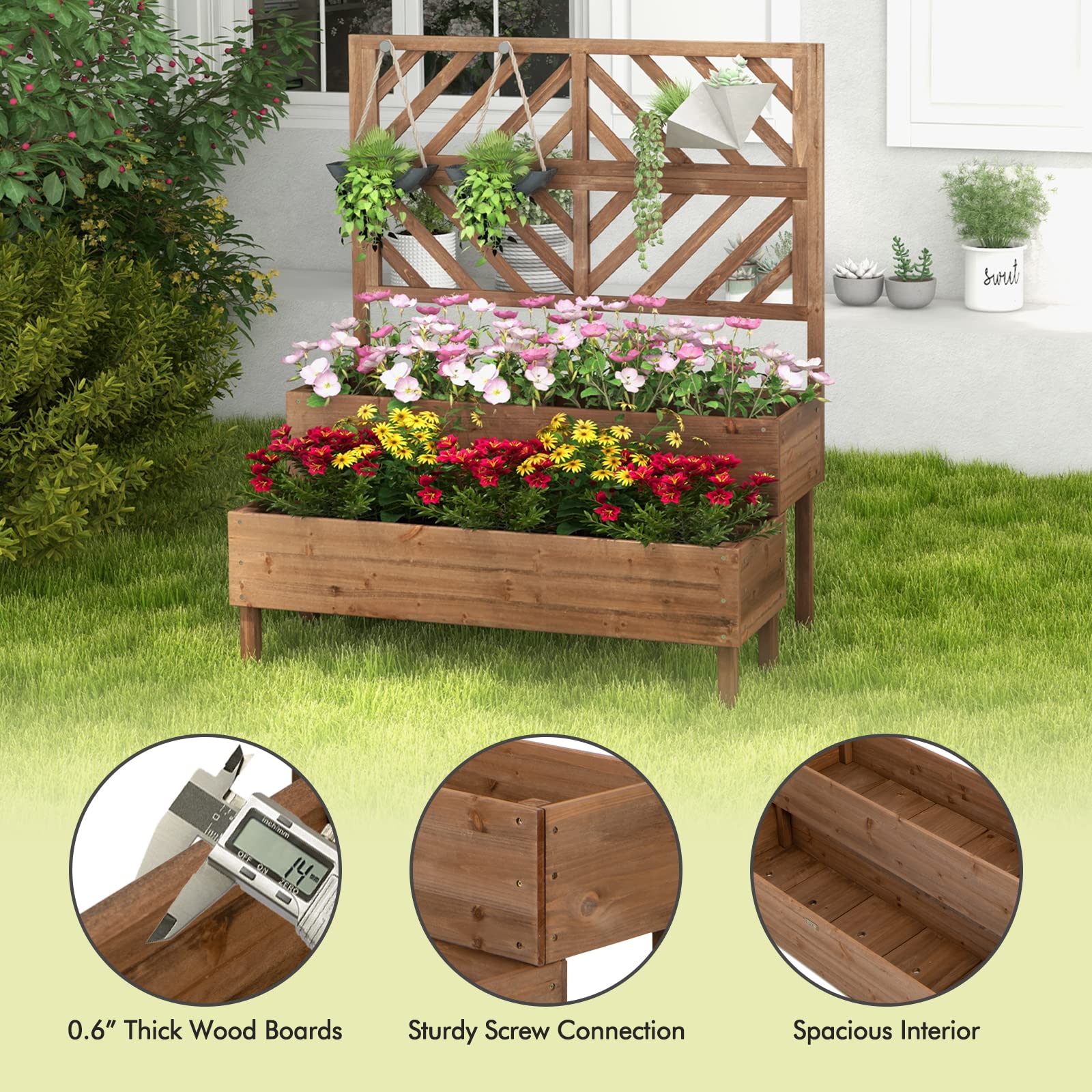 Giantex Raised Garden Bed with Trellis, 2-Tier Wooden Planter Box with Legs and Drain Holes (Brown) 