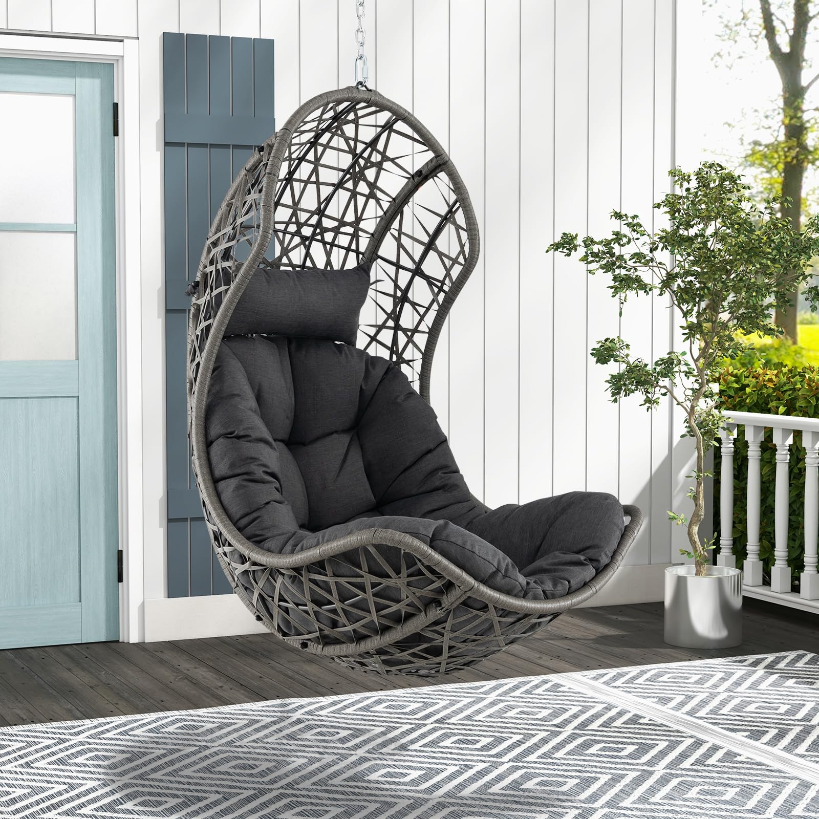 Giantex Swing Egg Chair Outdoor - PE Rattan Hammock Chair with Soft Pillow, Cushion, Metal Frame, Hanging Accessories 