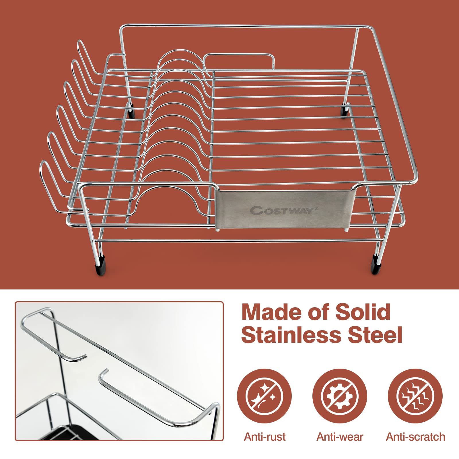 Giantex Stainless Steel Dish Rack, Expandable Dish Drainer Rack with Cutlery Cup Glass Holder 