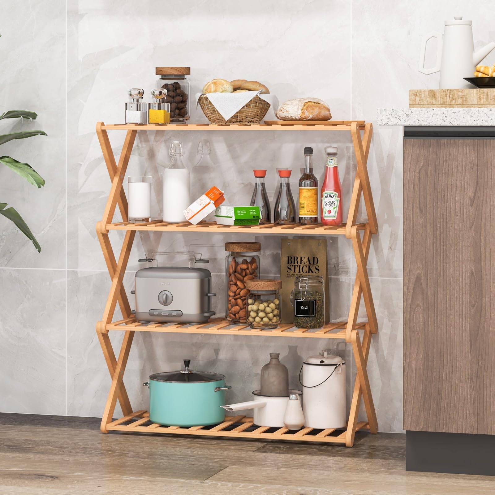 Giantex Bamboo Plant Stand Indoor, 4-Tier Folding Planter Shelf, Foldable Display Rack w/ Slatted Shelves, No Assembly 