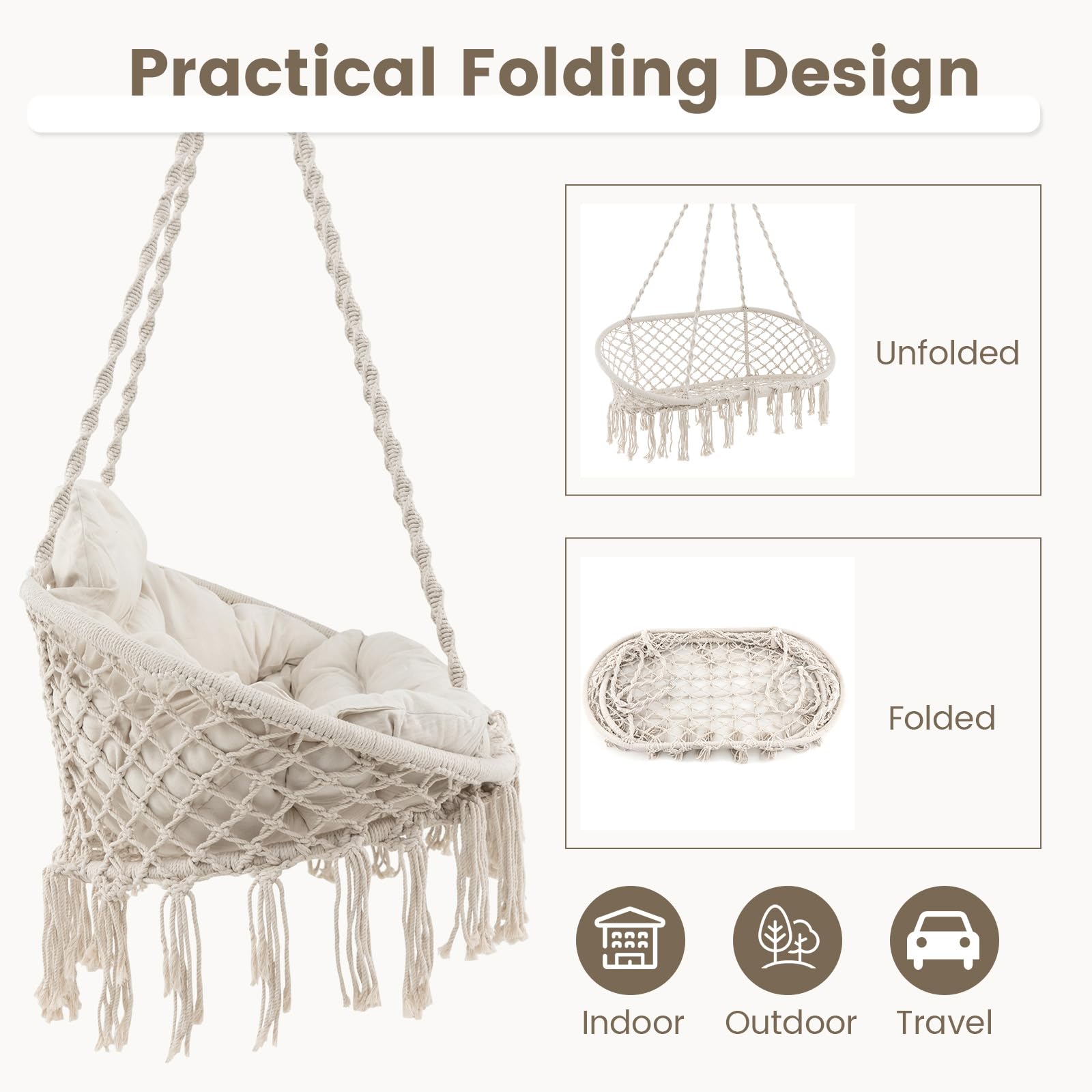 Giantex Hammock Chair, Macrame Hanging Chair with Removable Cushion, Max 440 lbs, Swinging Chair, Beige 