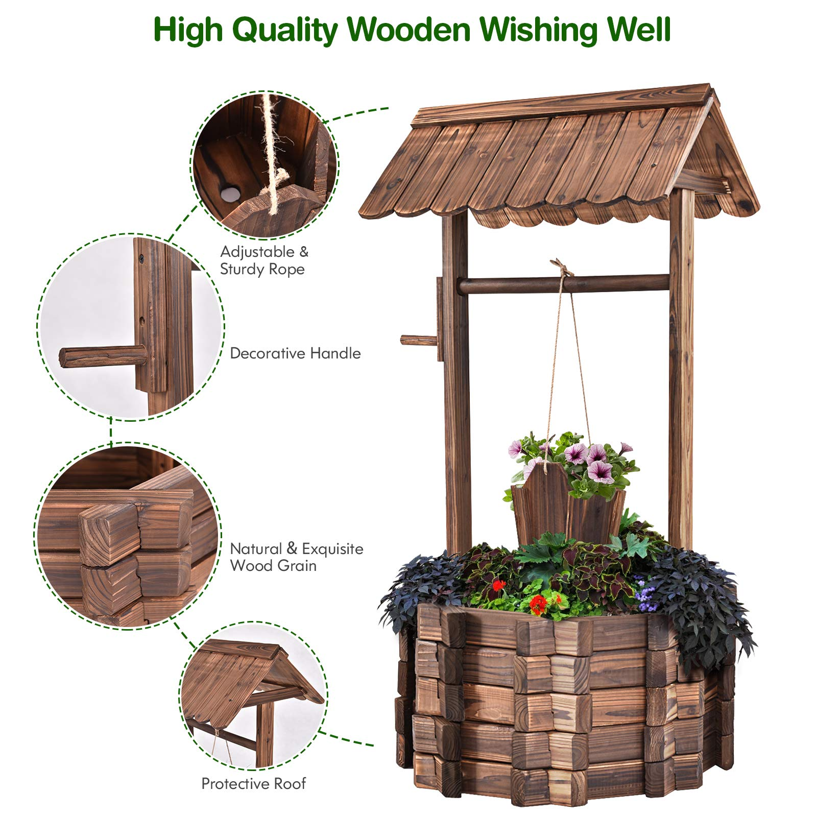 Giantex Outdoor Wooden Wishing Well with Hanging Bucket