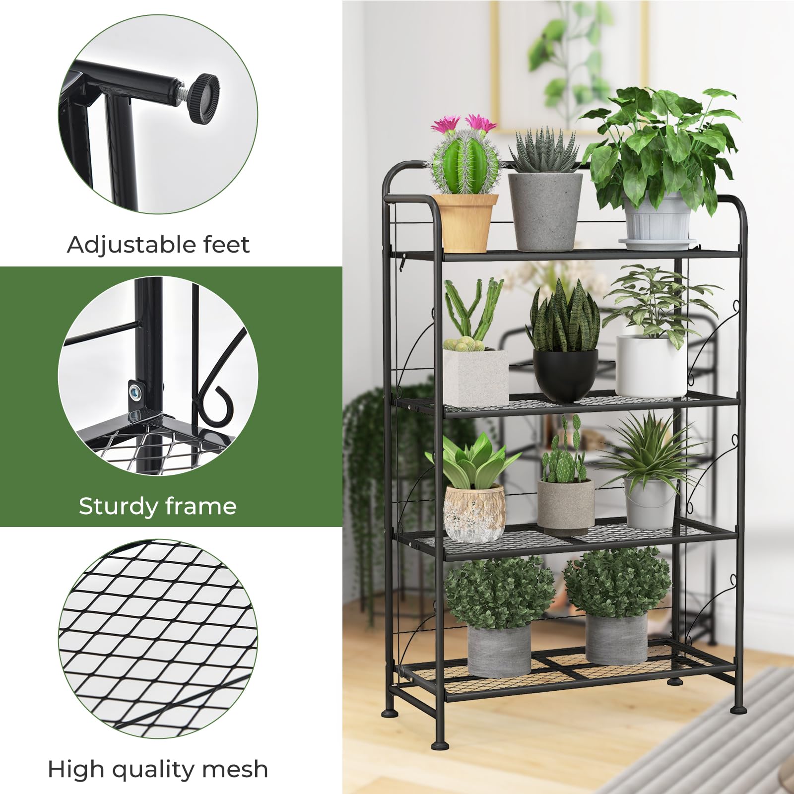Giantex Folding Plant Stand, 4-Tires Collapsible Plant Rack with Adjustable Shelf, Black 