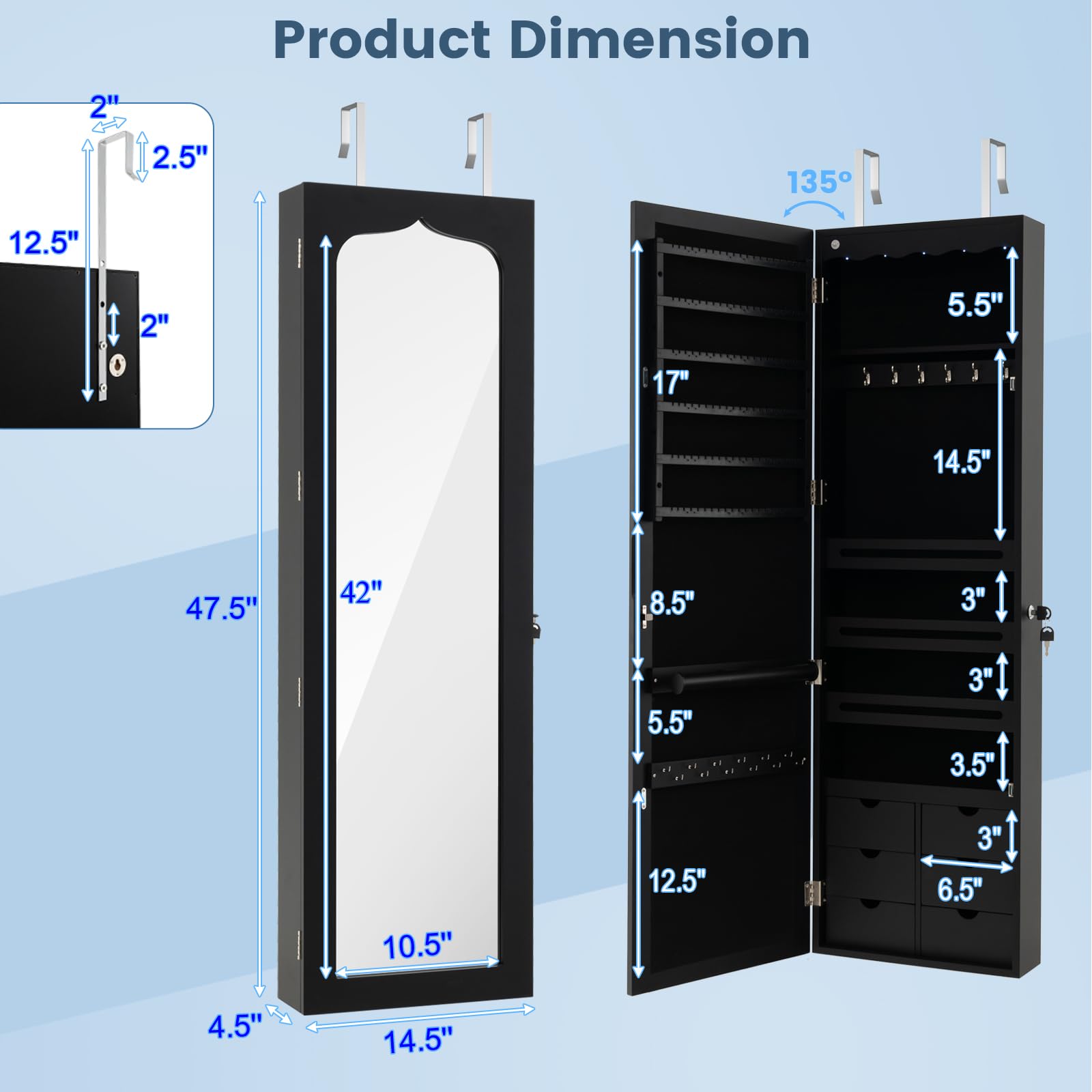 CHARMAID 5 LEDs Mirror Jewelry Armoire Wall Mounted Door Hanging, Lockable Jewelry Cabinet with 47.5"H Full Length Mirror