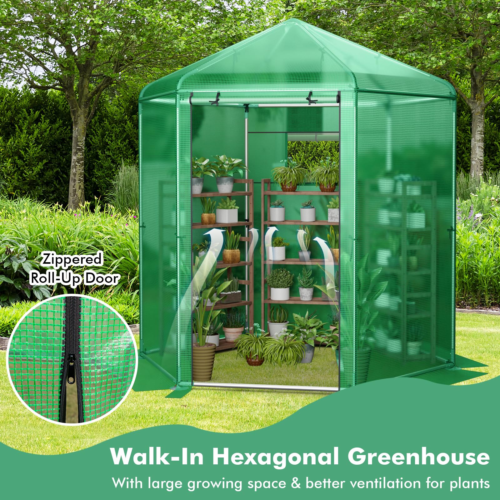 Giantex 7 x 6 x 7.5 FT Greenhouse, Large Hexagonal Walk in Greenhouse Outdoor with Heavy-Duty Metal Frame 