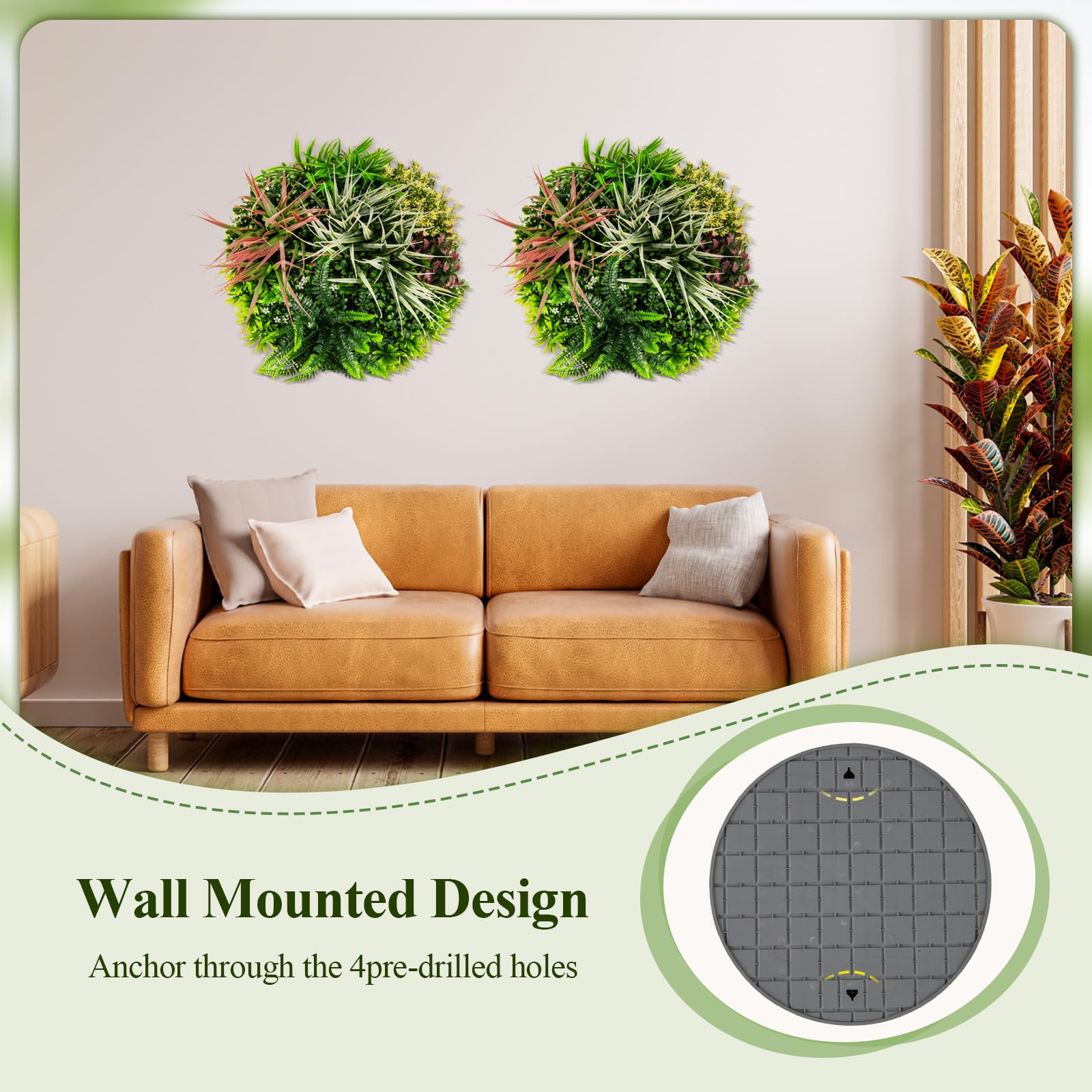Giantex 2 Pack Hanging Artificial Plants Panels, 20" Round Framed 3D Greenery Wall Art Decor 