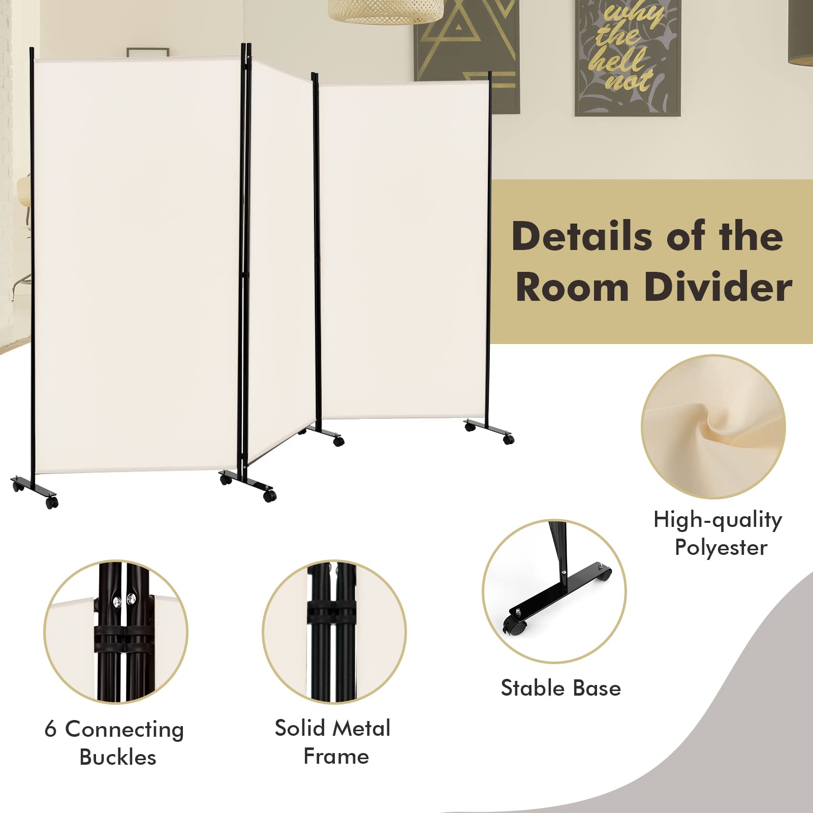 Giantex 3 Panel Room Divider with Wheels, 103''W x 71''H Folding Privacy Screen