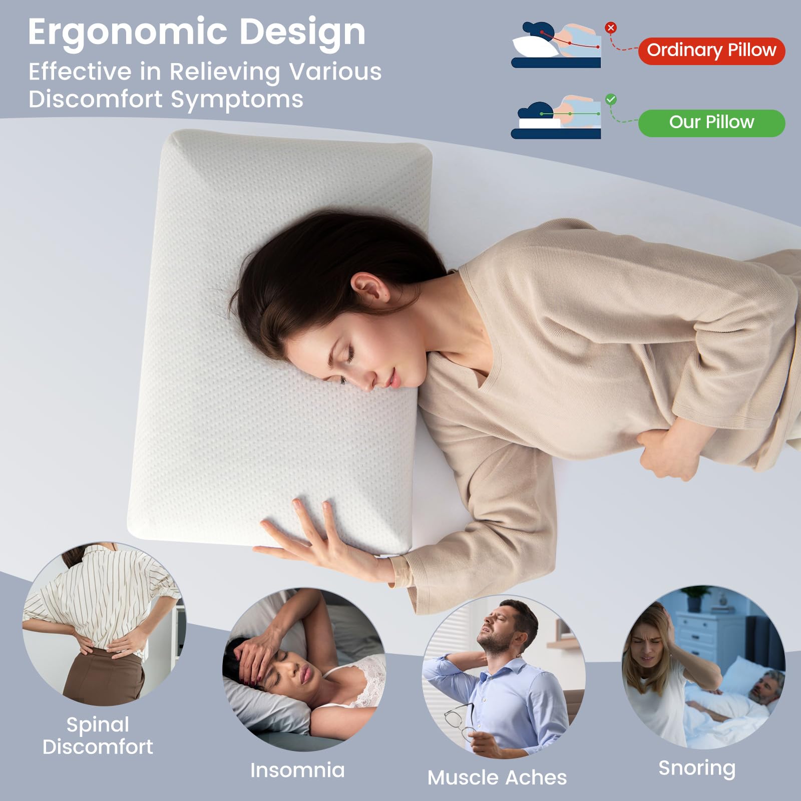 Giantex Charcoal Memory Foam Pillow 2 Pack, 3D Cutting Ventilated Pillows with Washable Cover, Back & Side Sleeper Pillows 