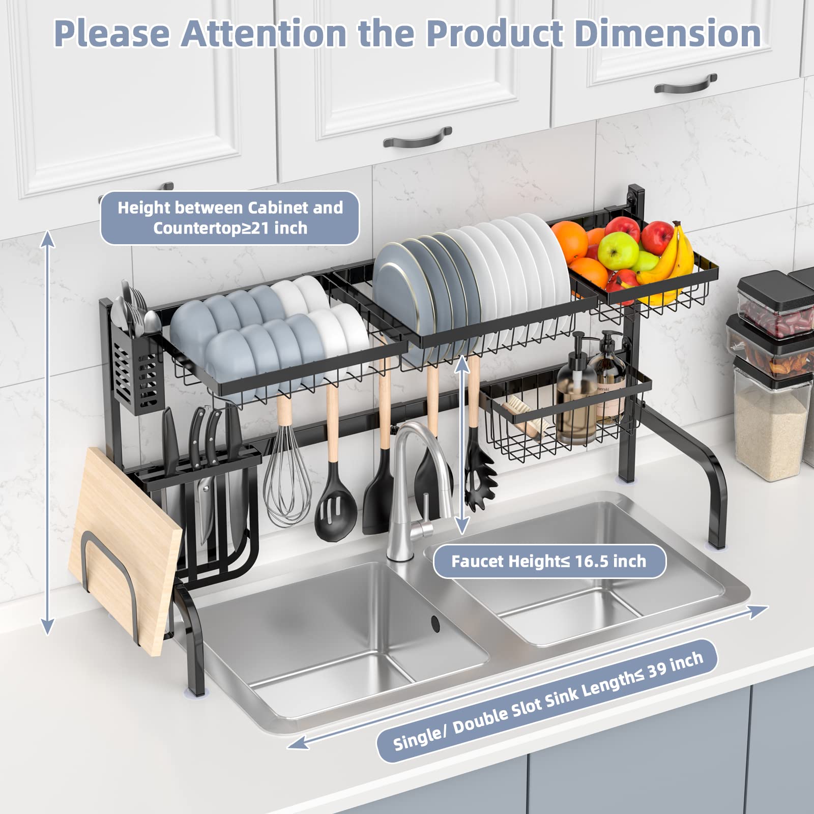 Giantex Over Sink Dish Drying Rack, 2-Tier Dish Drainer with Adjustable Length 21"-39" (Black) 