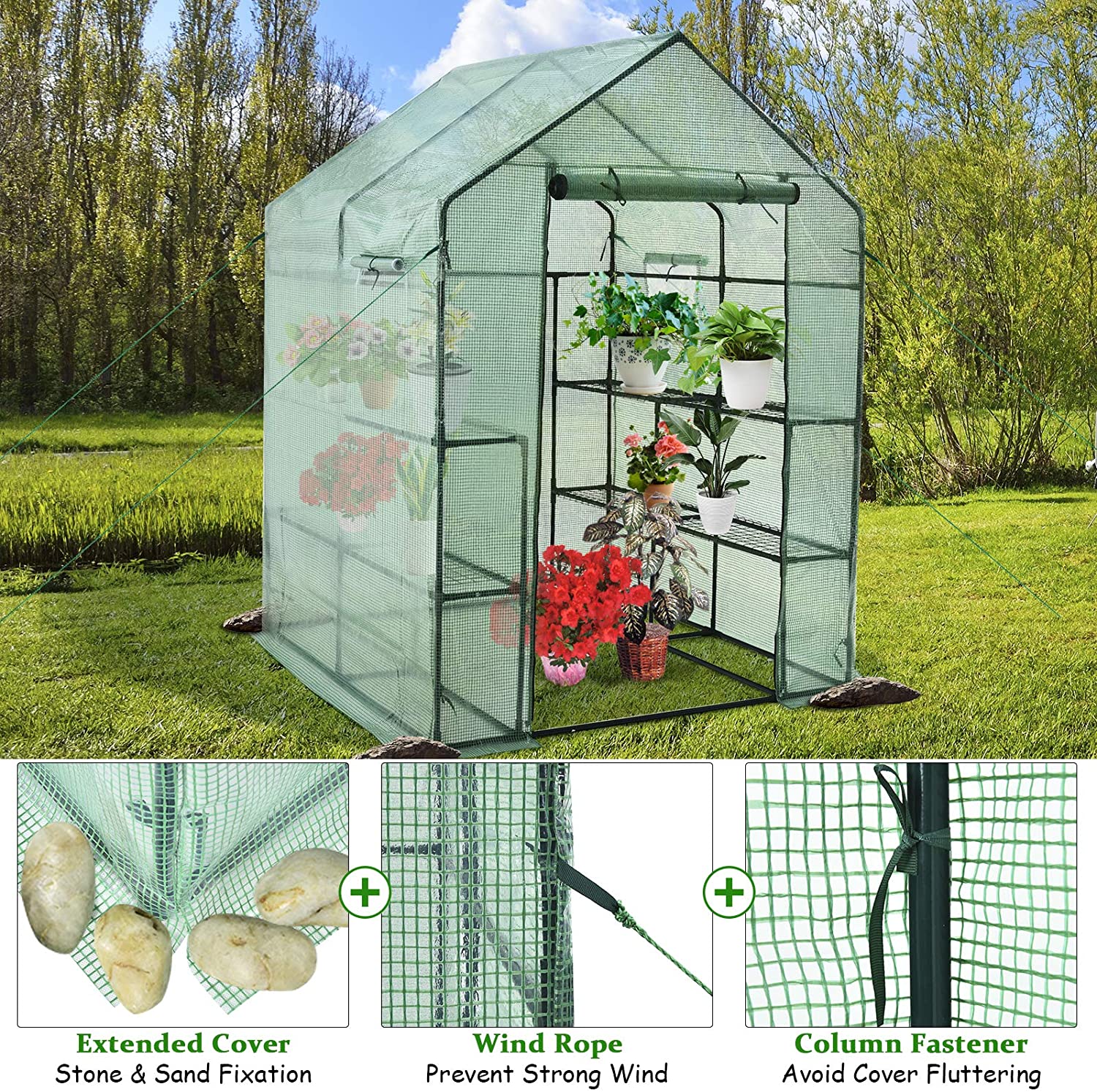 Walk-in Greenhouse, Gardening Plant Tent with Roll-Up Zippered Front Door