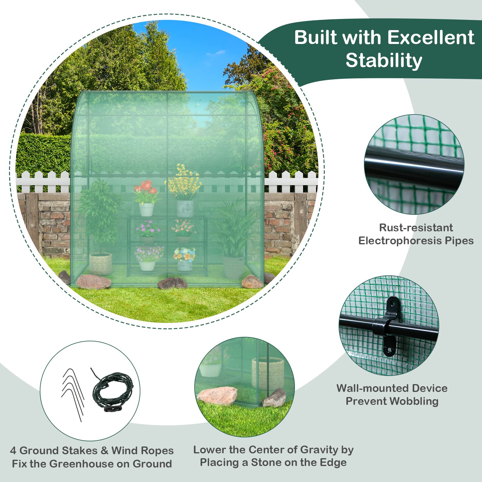 Giantex Walk-in Lean-to Greenhouse - with 3-Tier Plant Stand, 7’x 3.5’x 7’ Green House, PE Grid Cover 