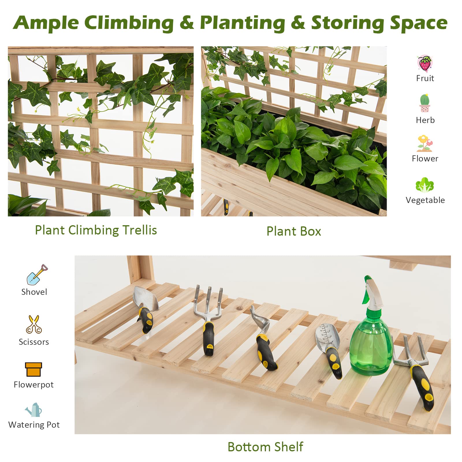 Giantex Raised Garden Bed on Wheels, Wood Planter with Trellis, Black Liner Storage Shelf 