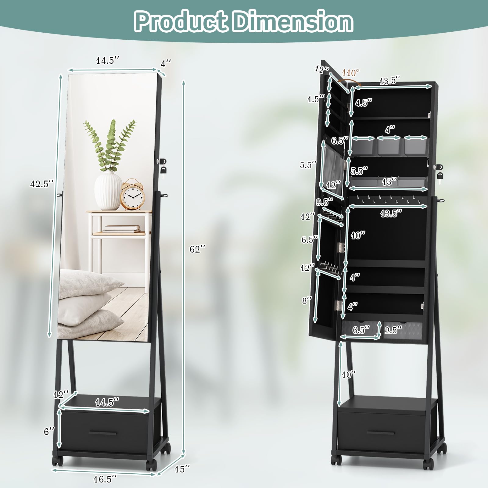 CHARMAID Rolling Jewelry Cabinet with Full Length Mirror