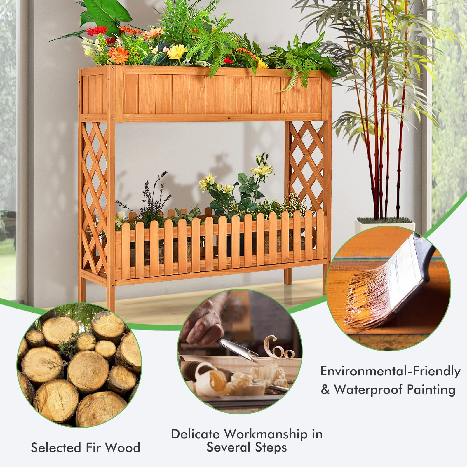 2-Tier Wood Potted Plant Rack with Fence 
