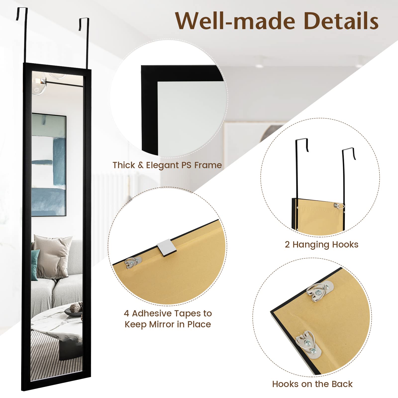 CHARMAID Over The Door Mirror, Wall Mounted Full Length Mirror, 2 Metal Hooks, 47" x 13