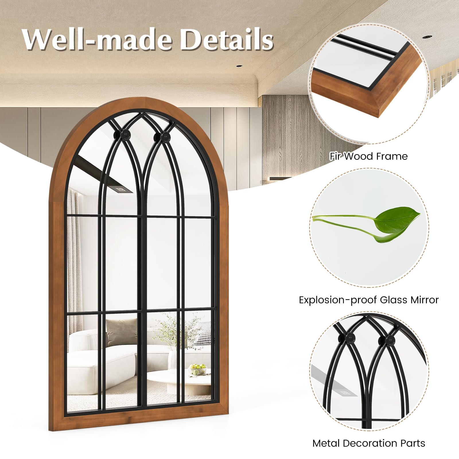 CHARMAID Arched Window Wall Mirror, 36''L x 24''W Farmhouse Accent Mirror