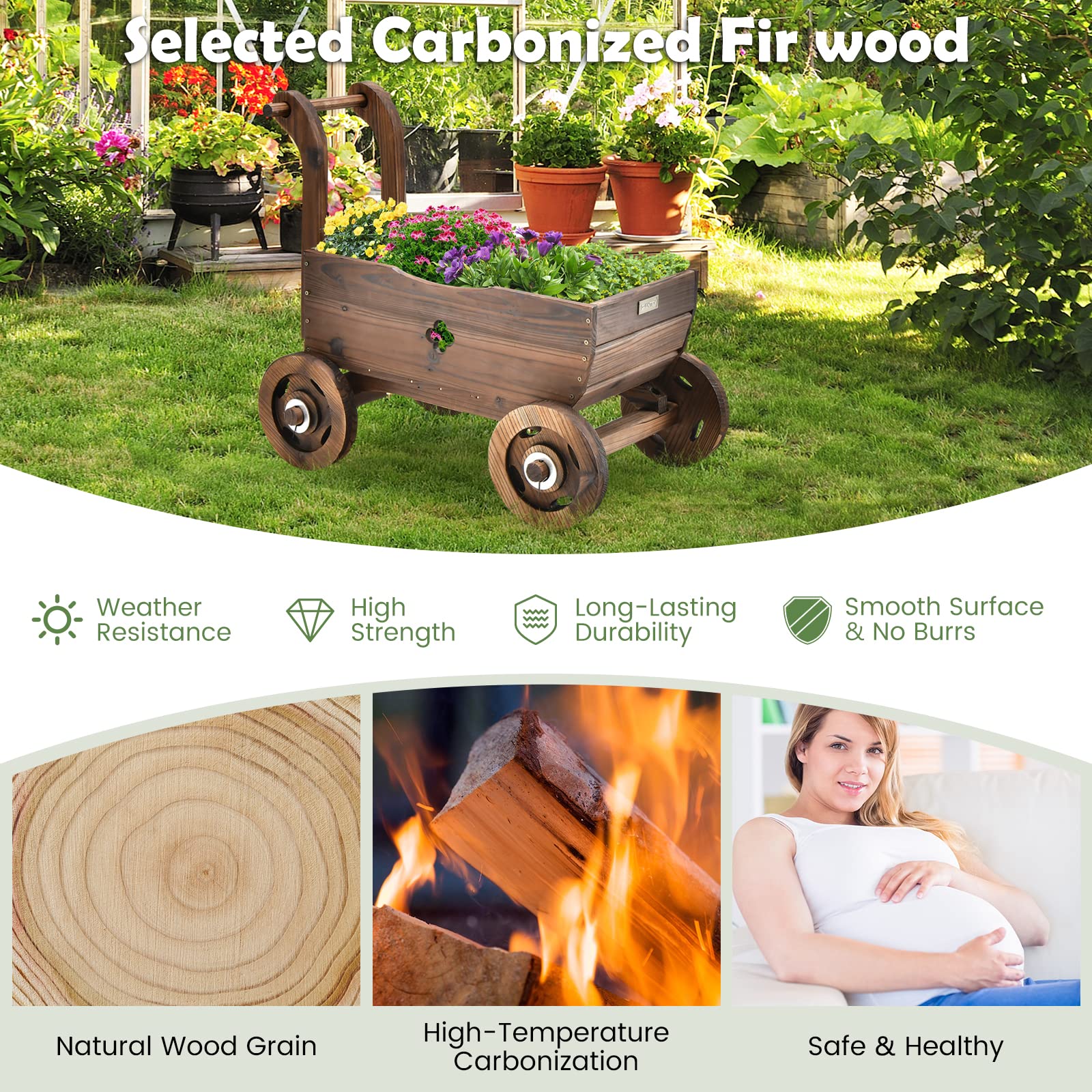 Giantex Wooden Wagon Planter Raised Bed on Wheels, Handle, Drainage Hole 