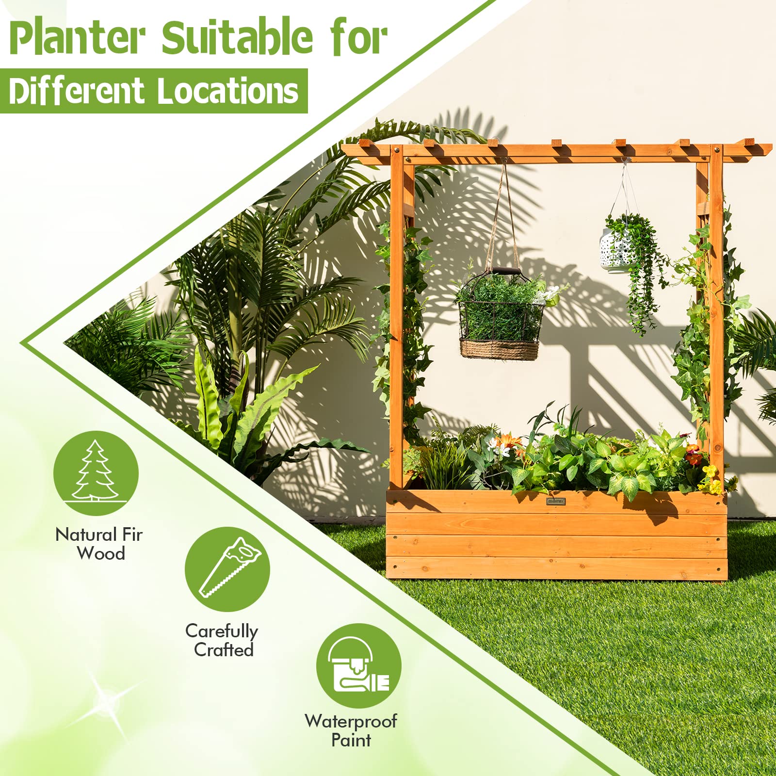 Giantex Raised Garden Bed with Trellis, Wood Planter Box with Roof & Side Trellis, Drain Holes 