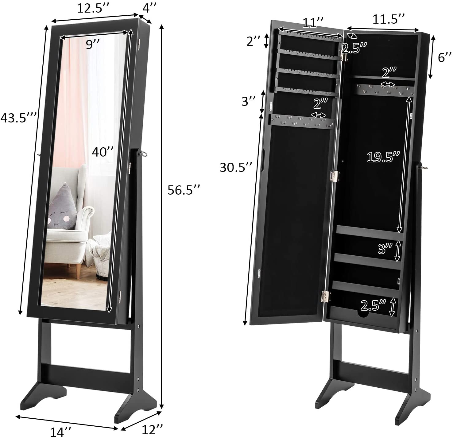 Jewelry Cabinet with Full-Length Mirror, Standing Jewelry Armoire Organizer